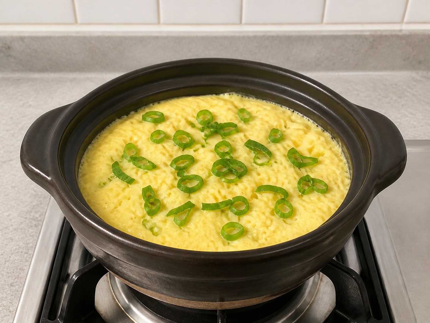 Korean Earthenware Steamed Egg — Add spring onion
