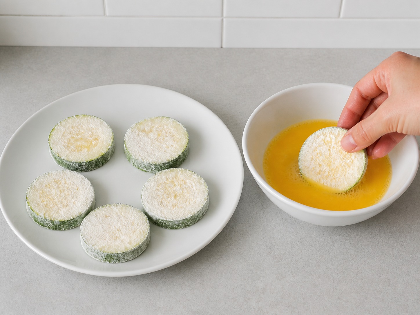 Korean Hobak Jeon Zucchini Pancakes: Dip in egg