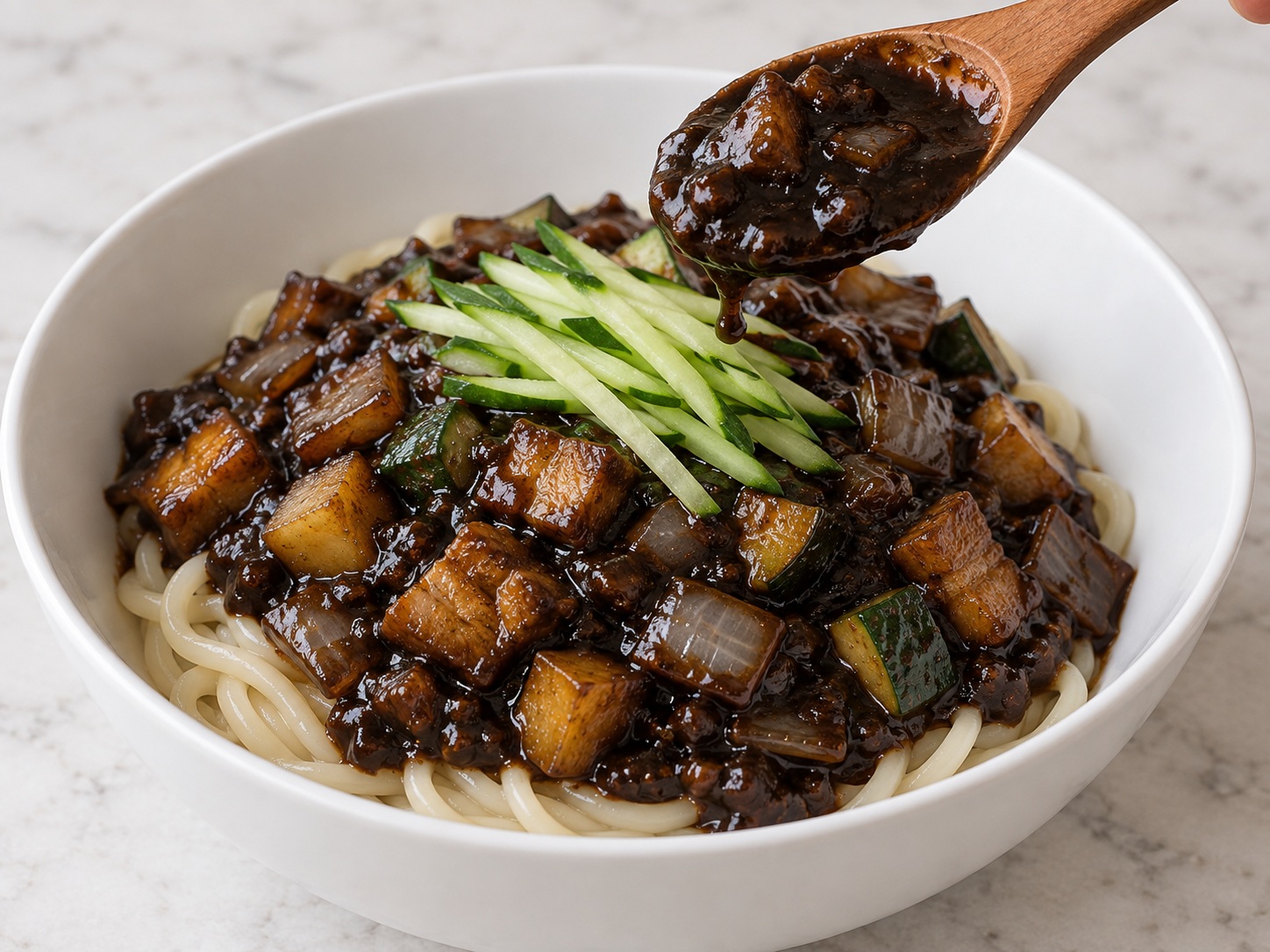 韓式炸醬麵 — 盛起新鮮韓式小麥麵