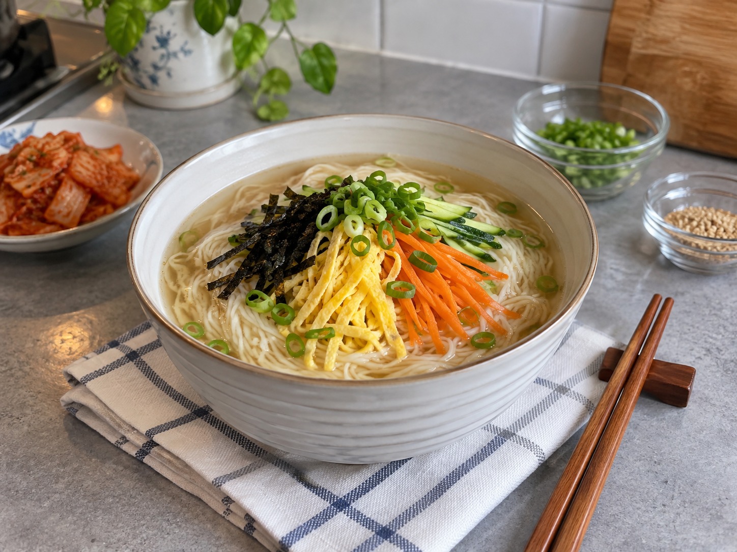 Korean na Noodles sa Malinaw na Sabaw — natapos na ulam