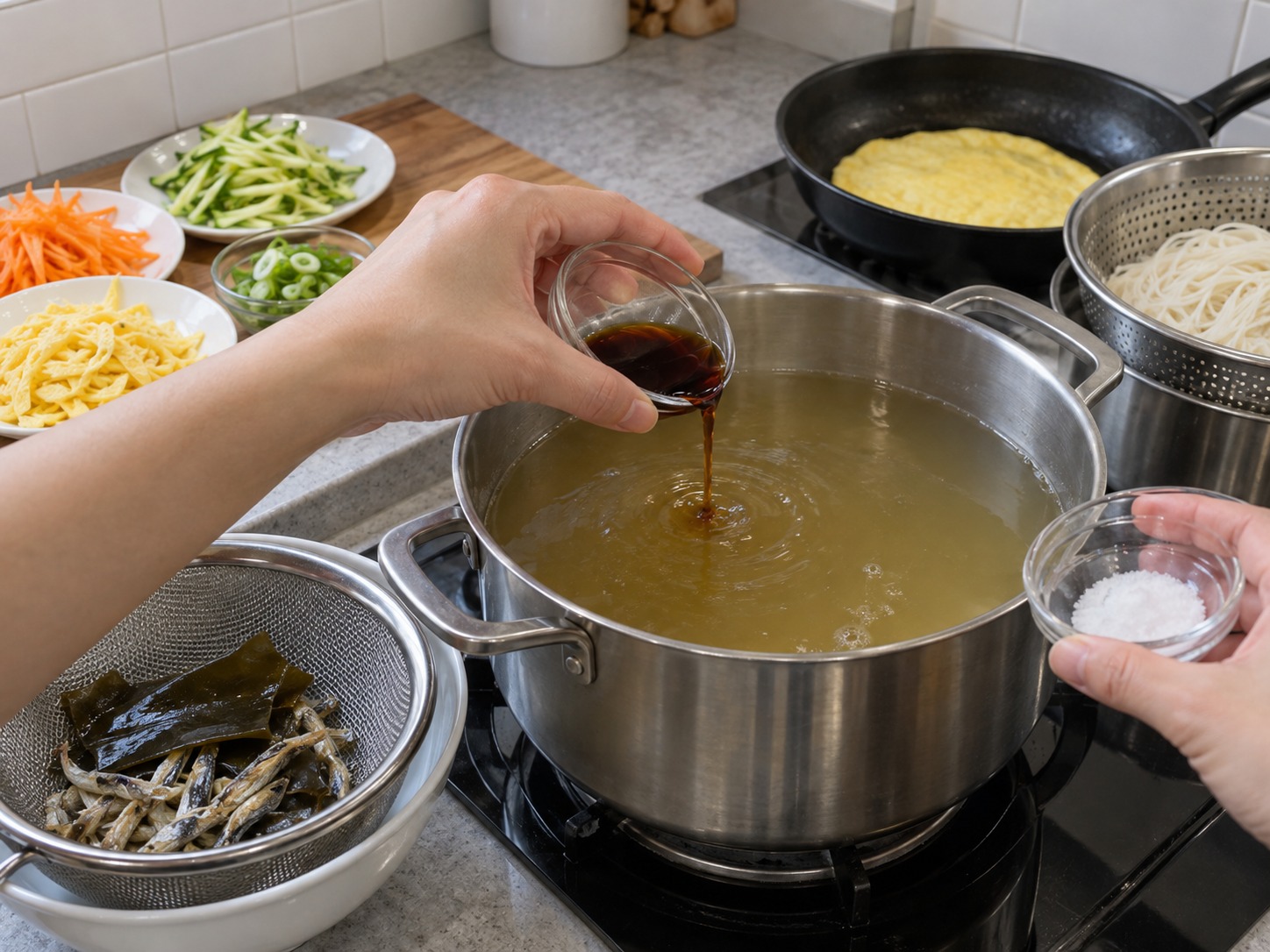 Korean na Noodles sa Malinaw na Sabaw — Timplahan ng soup soy at asin at panatilihing mainit