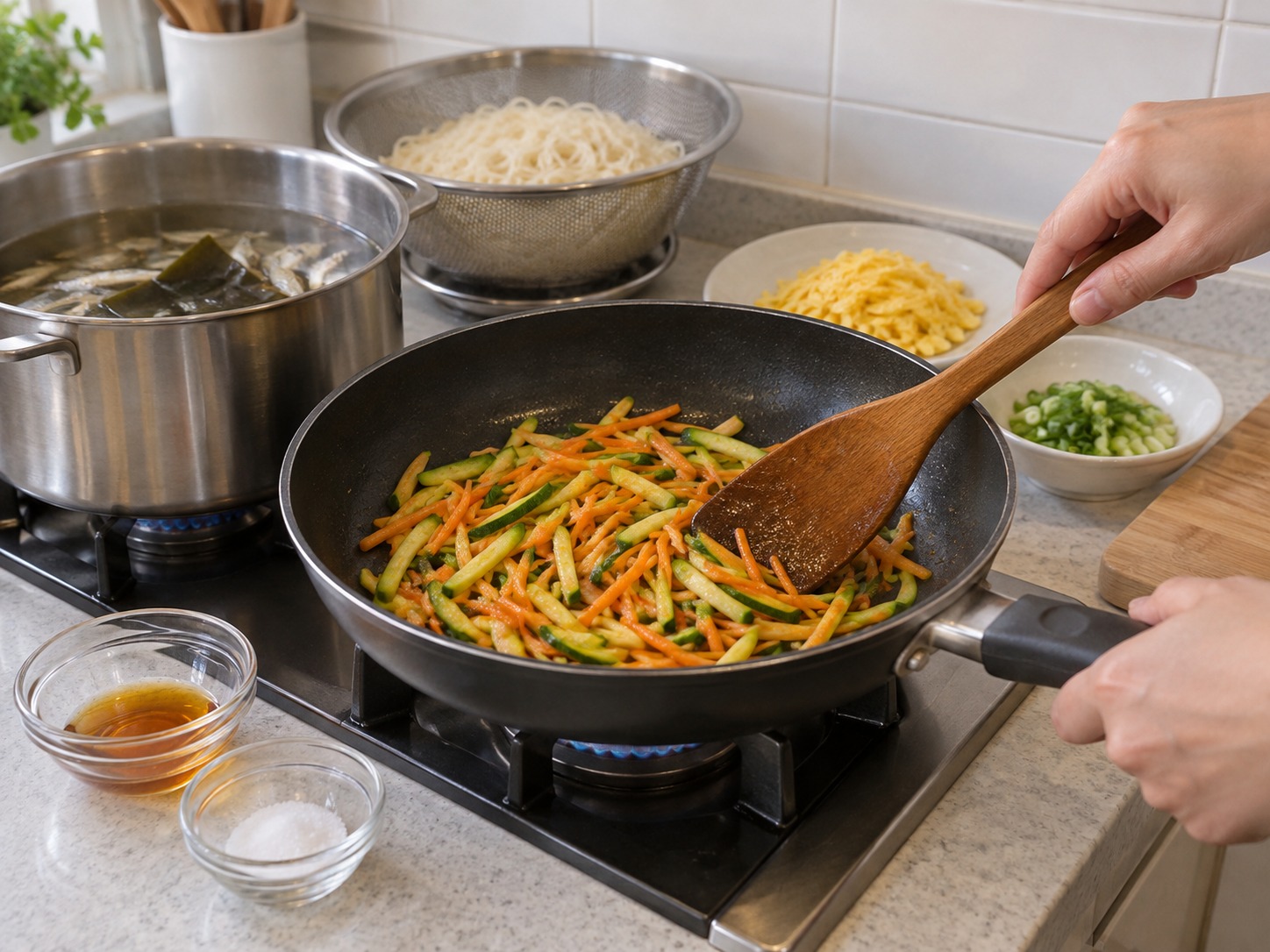 Korean na Noodles sa Malinaw na Sabaw — Igisa ang gulay sa langis ng linga nang dalawang minuto at hanguin