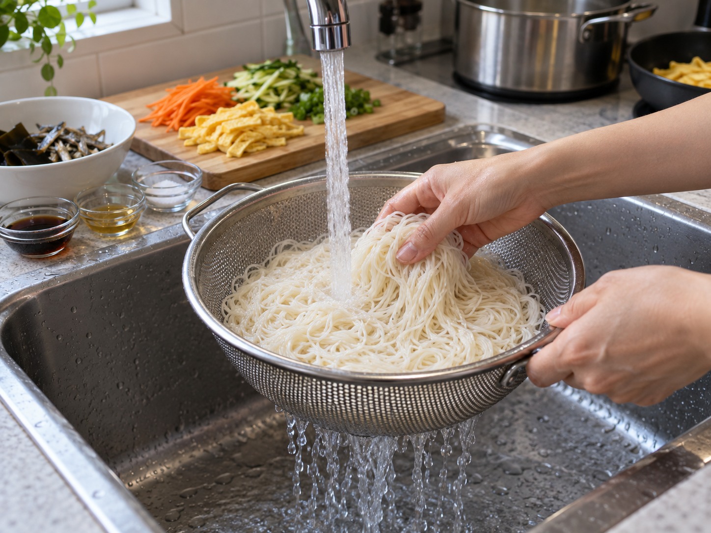 Korean na Noodles sa Malinaw na Sabaw — Banlawan sa malamig na tubig hanggang magkahiwalay at patuluin