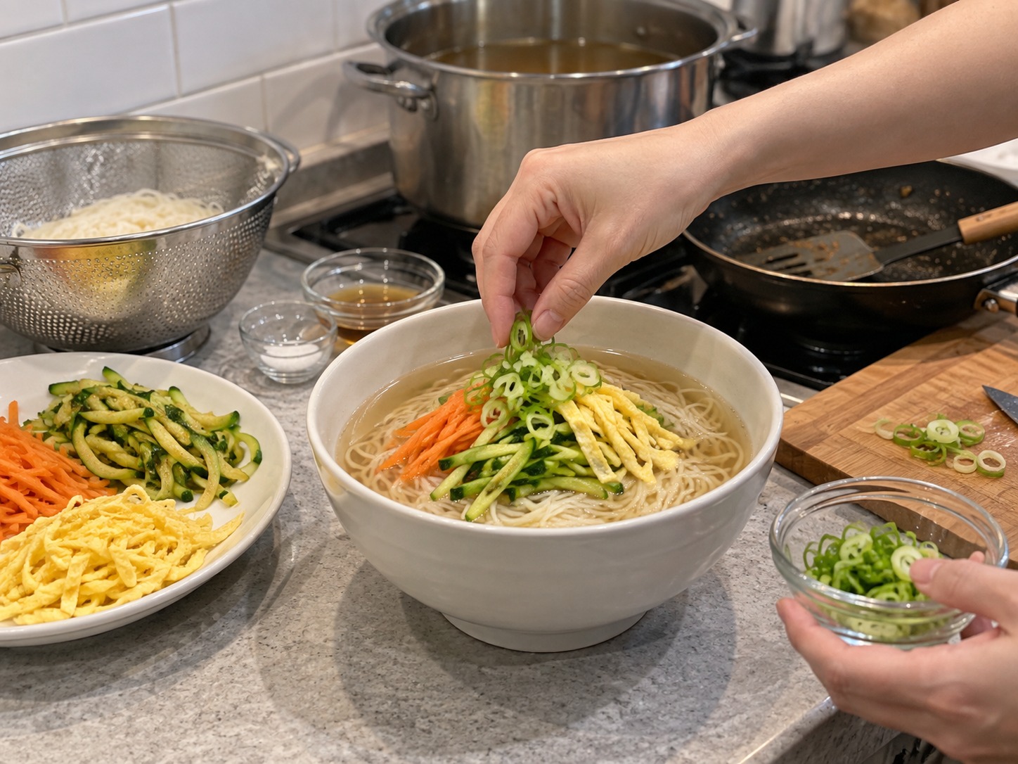Korean na Noodles sa Malinaw na Sabaw — Patungan ng gulay, egg strips, at murang sibuyas