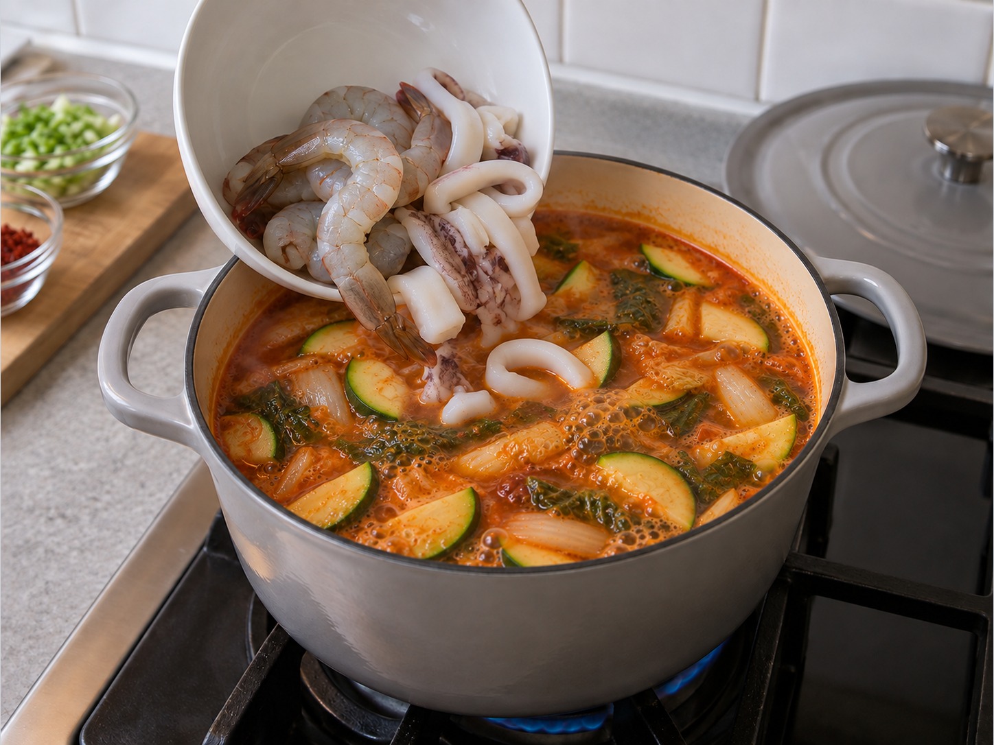 韓式辣海鮮湯麵 — 湯鍋加入蝦及魷魚，回滾後煮四分鐘
