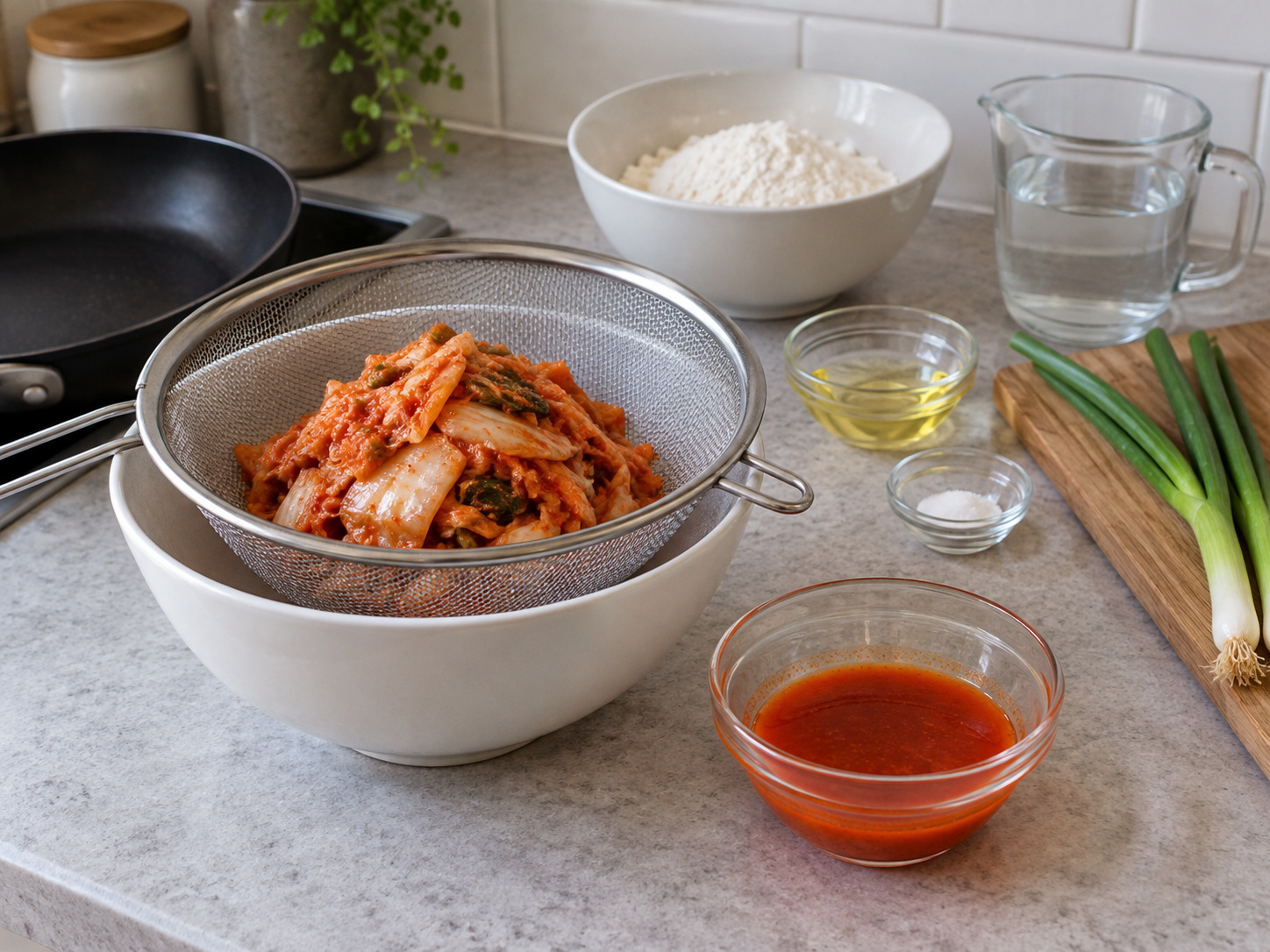 Korean Kimchi Jeon — Squeeze kimchi lightly and reserve 3 tablespoons brine