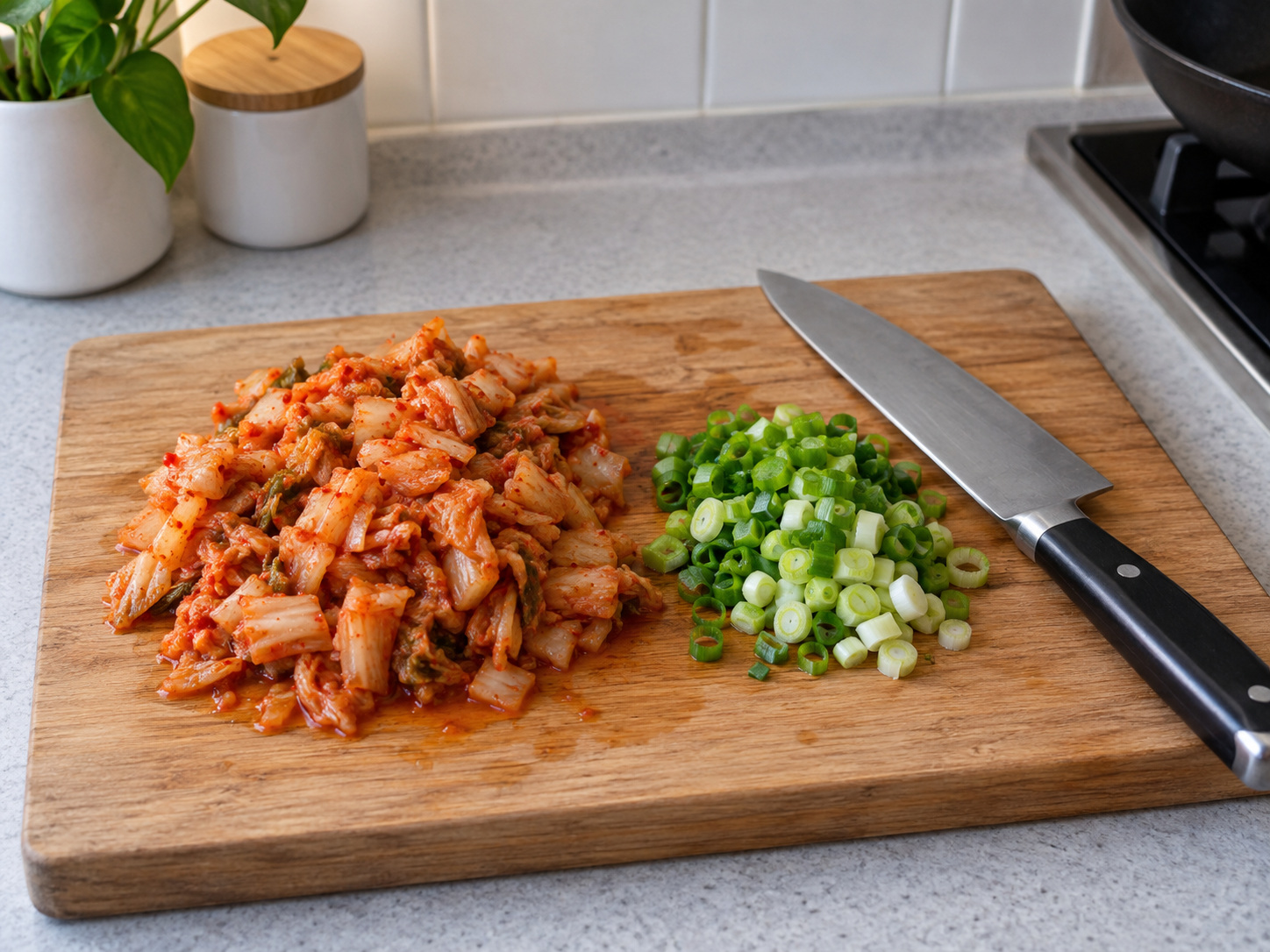 Korean Kimchi Jeon — Chop kimchi and cut spring onion