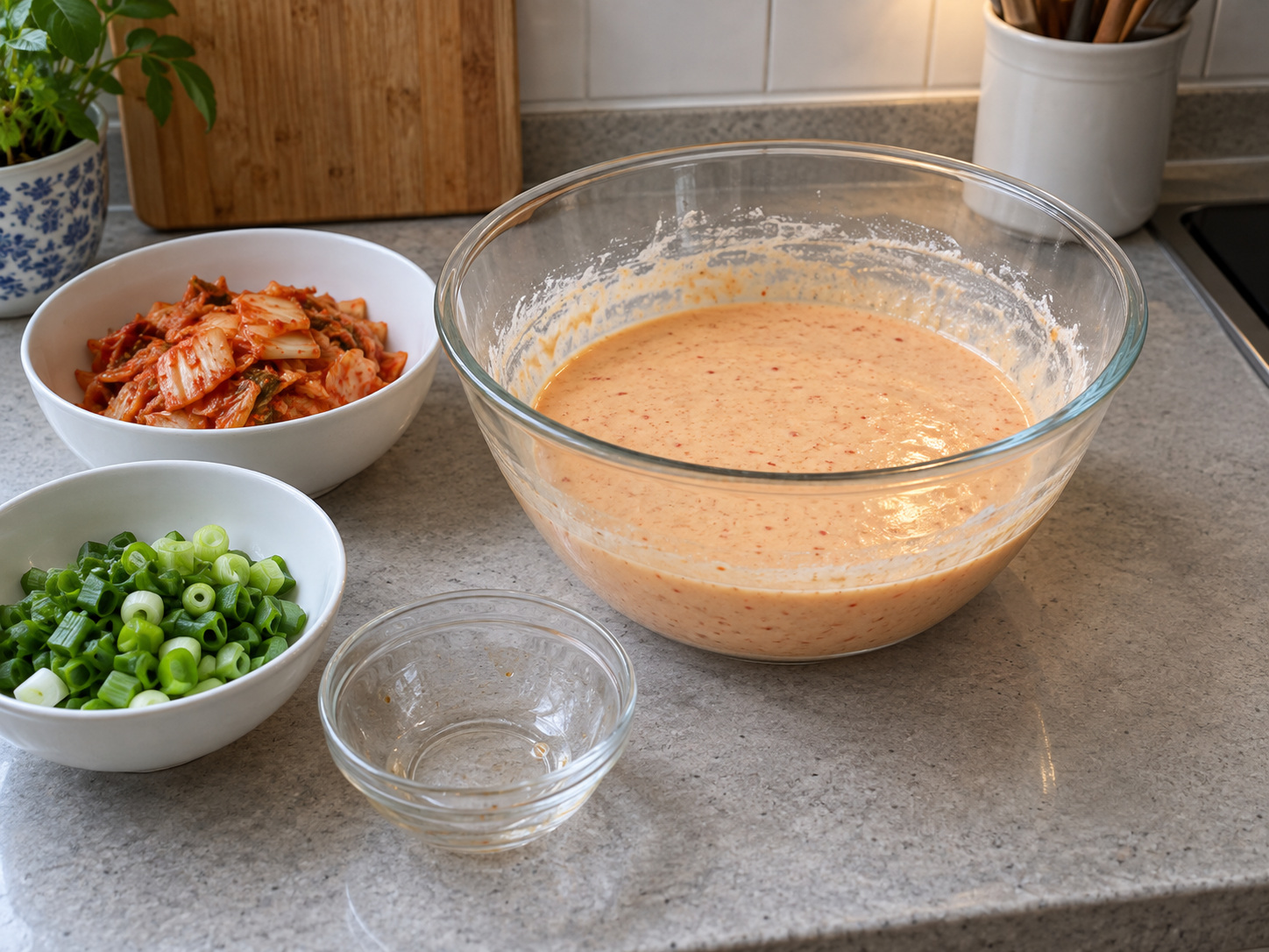 Korean Kimchi Jeon — Mix in kimchi brine and salt