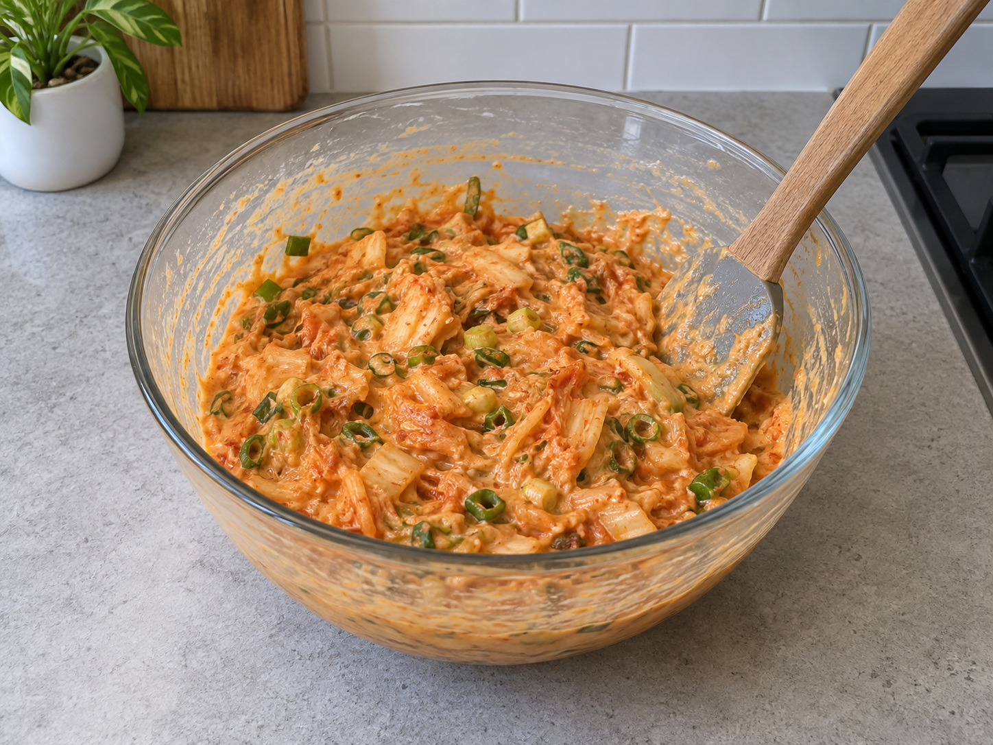 Korean Kimchi Jeon — Fold in chopped kimchi and spring onion