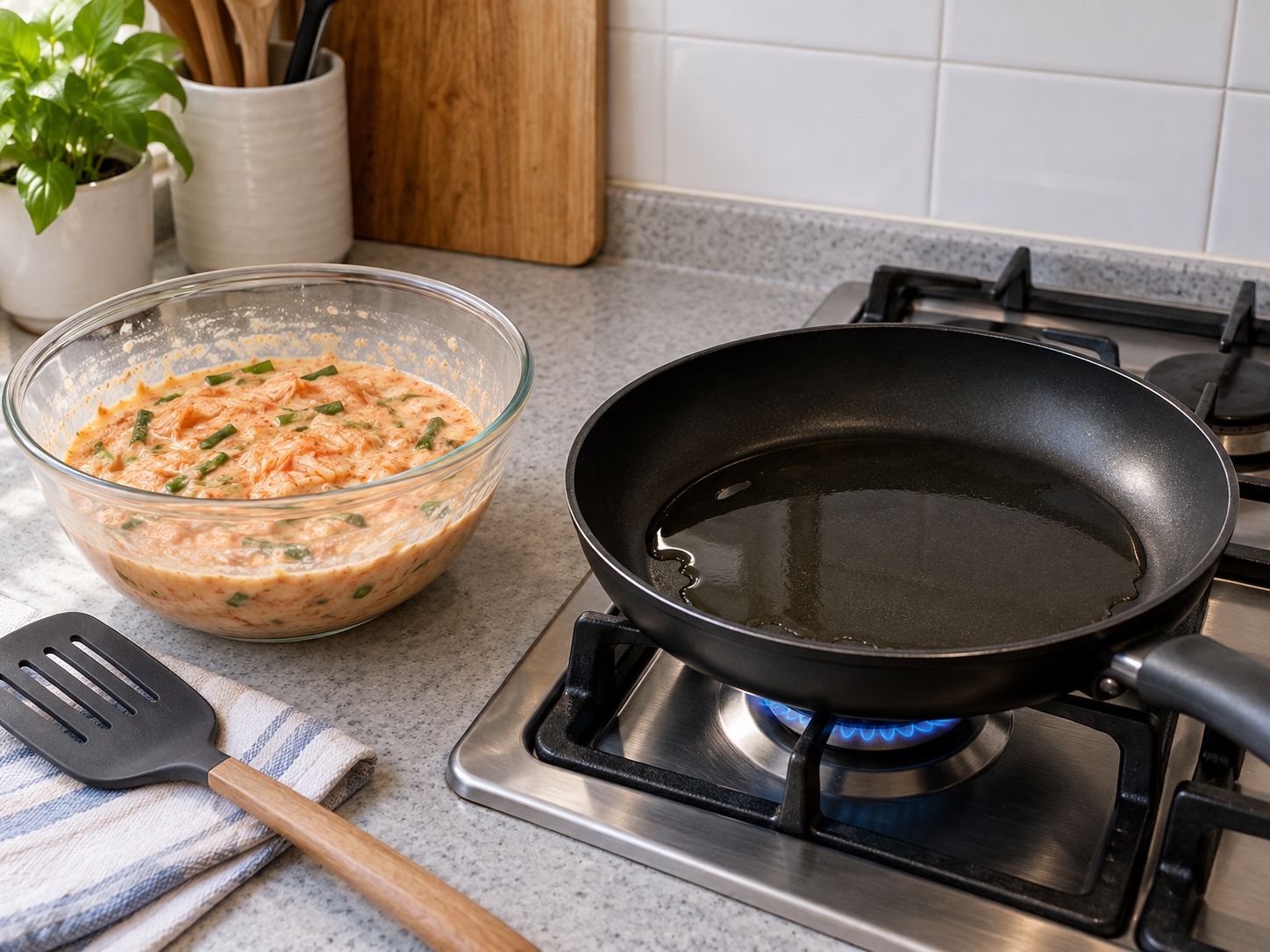 Korean Kimchi Jeon — Heat half the oil in a pan over medium heat