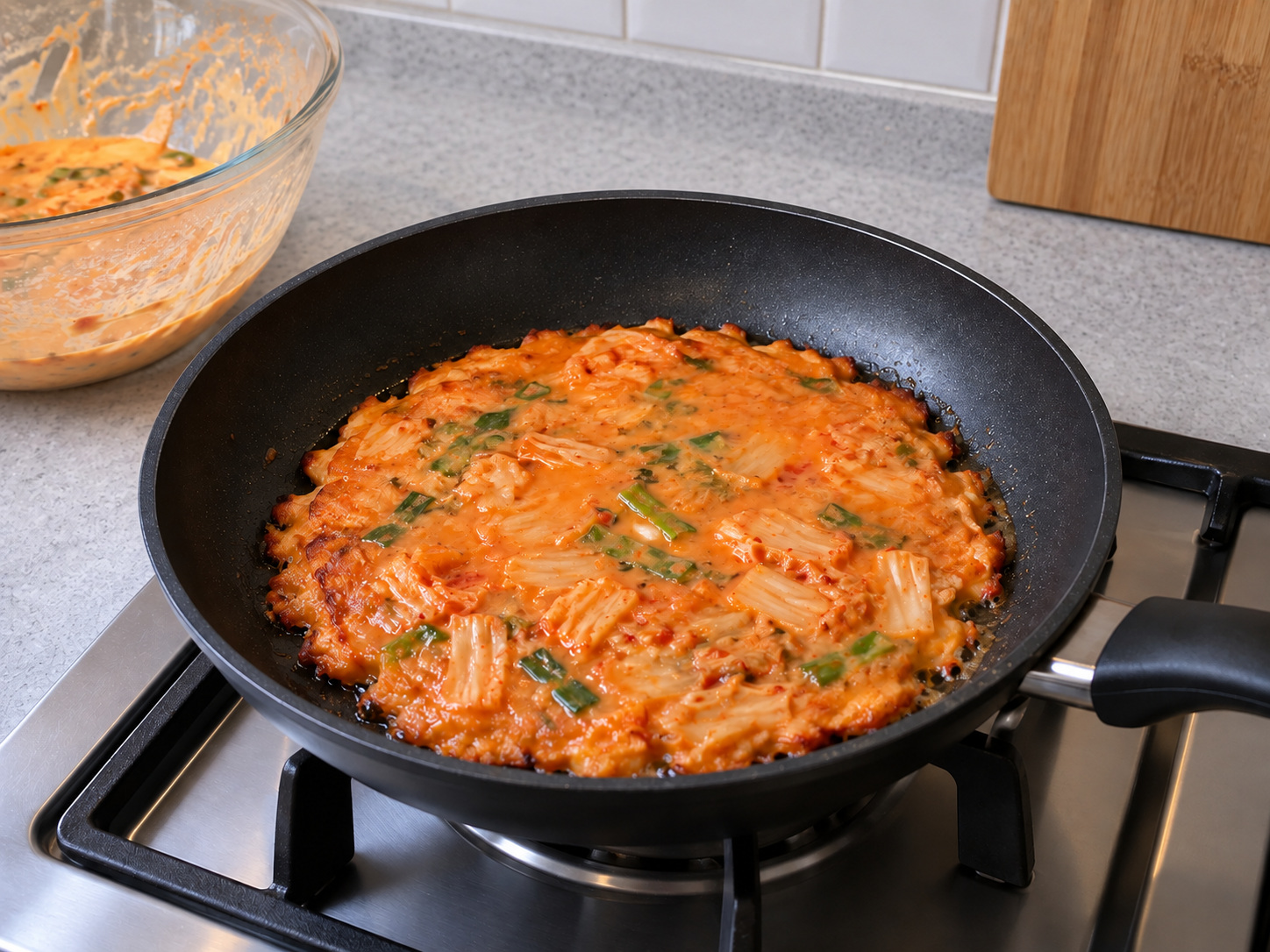 Korean Kimchi Jeon — Fry 4 to 5 minutes until edges set and brown