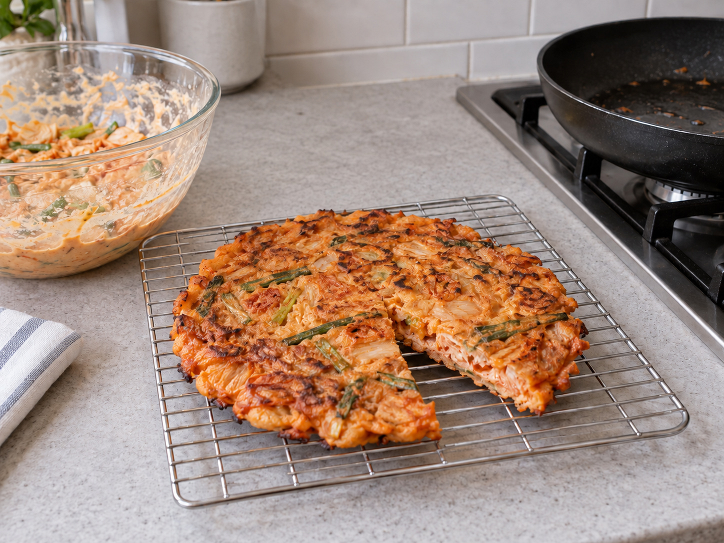 Korean Kimchi Jeon — Check batter is cooked at centre; rest on a rack
