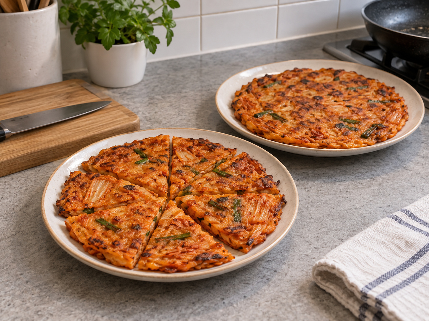 Korean Kimchi Jeon — Cut into pieces and serve hot