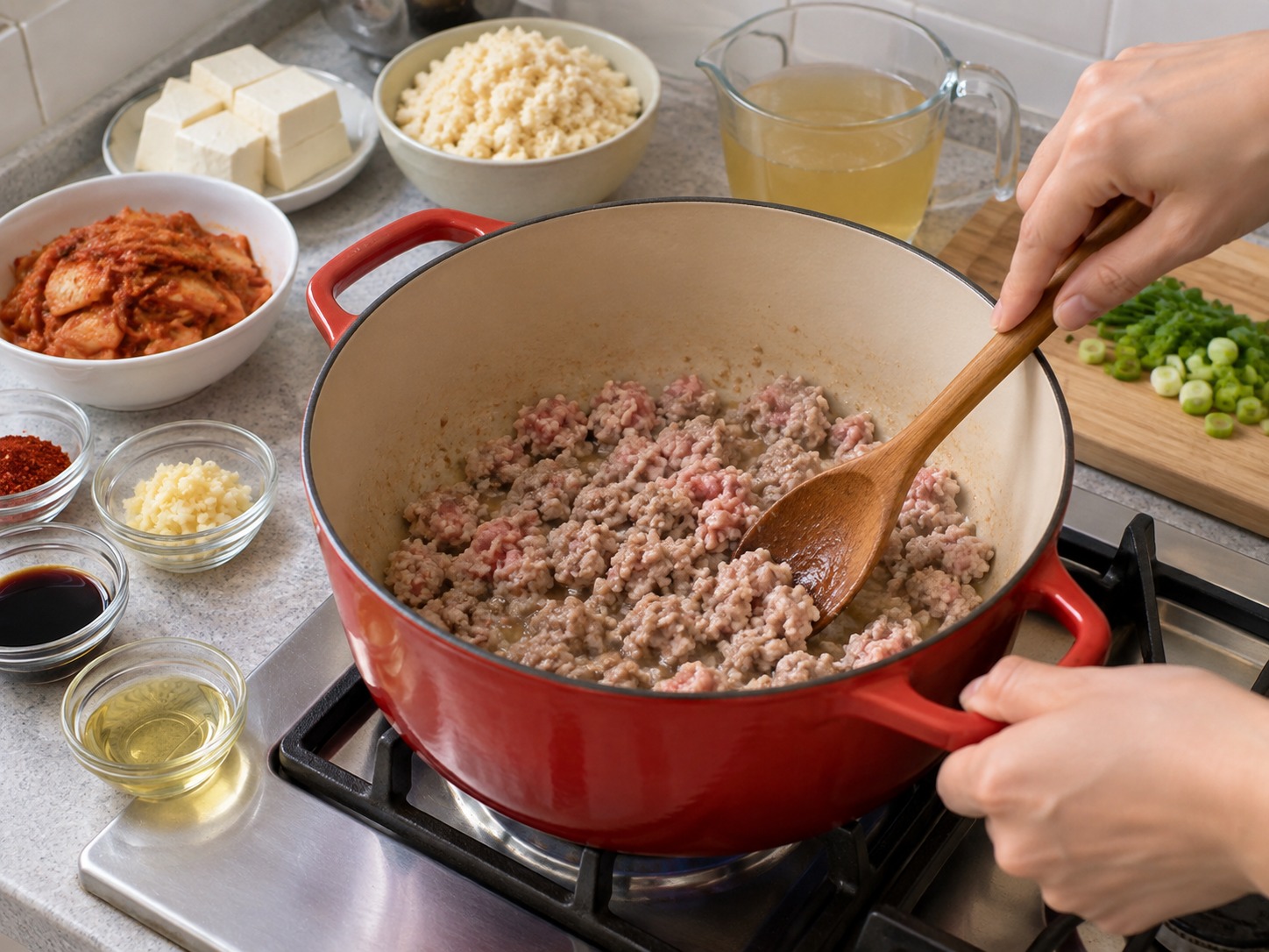 韓式豆渣豬肉鍋 — 深鍋加油，中火炒散免治豬肉