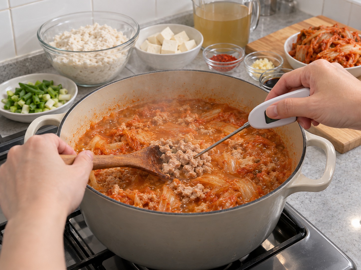 韓式豆渣豬肉鍋 — 豬肉煮至不再粉紅並達 71°C
