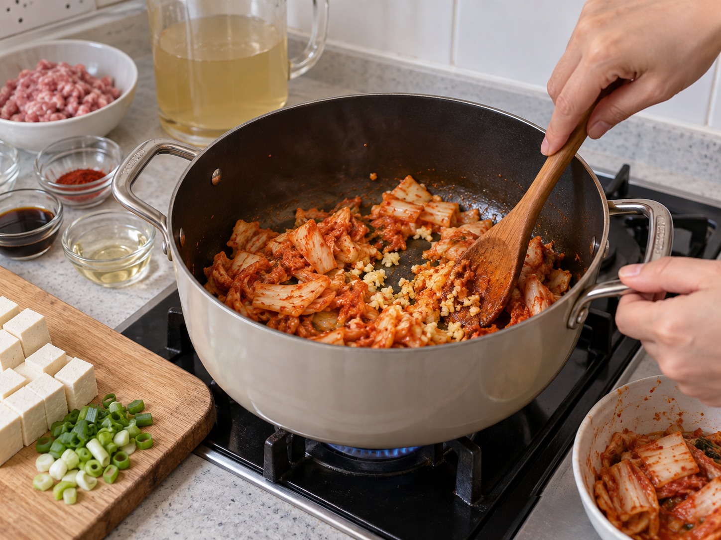 韓式豆渣豬肉鍋 — 加泡菜和蒜蓉炒至香味釋出