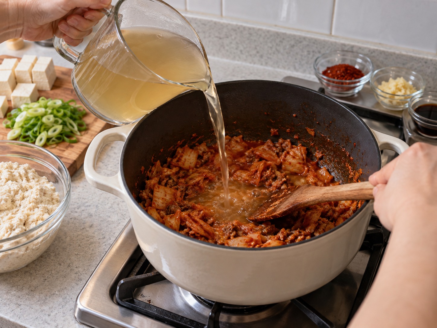 韓式豆渣豬肉鍋 — 倒入鯷魚高湯，刮起鍋底焦香