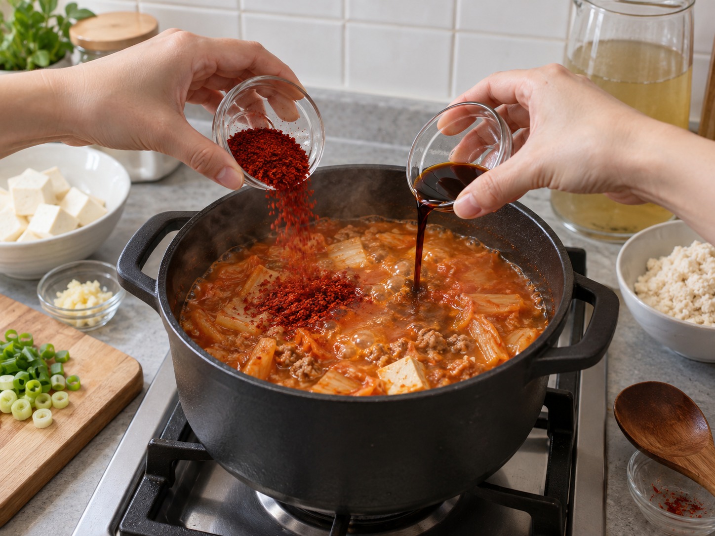韓式豆渣豬肉鍋 — 加入辣椒粉和生抽，煮滾