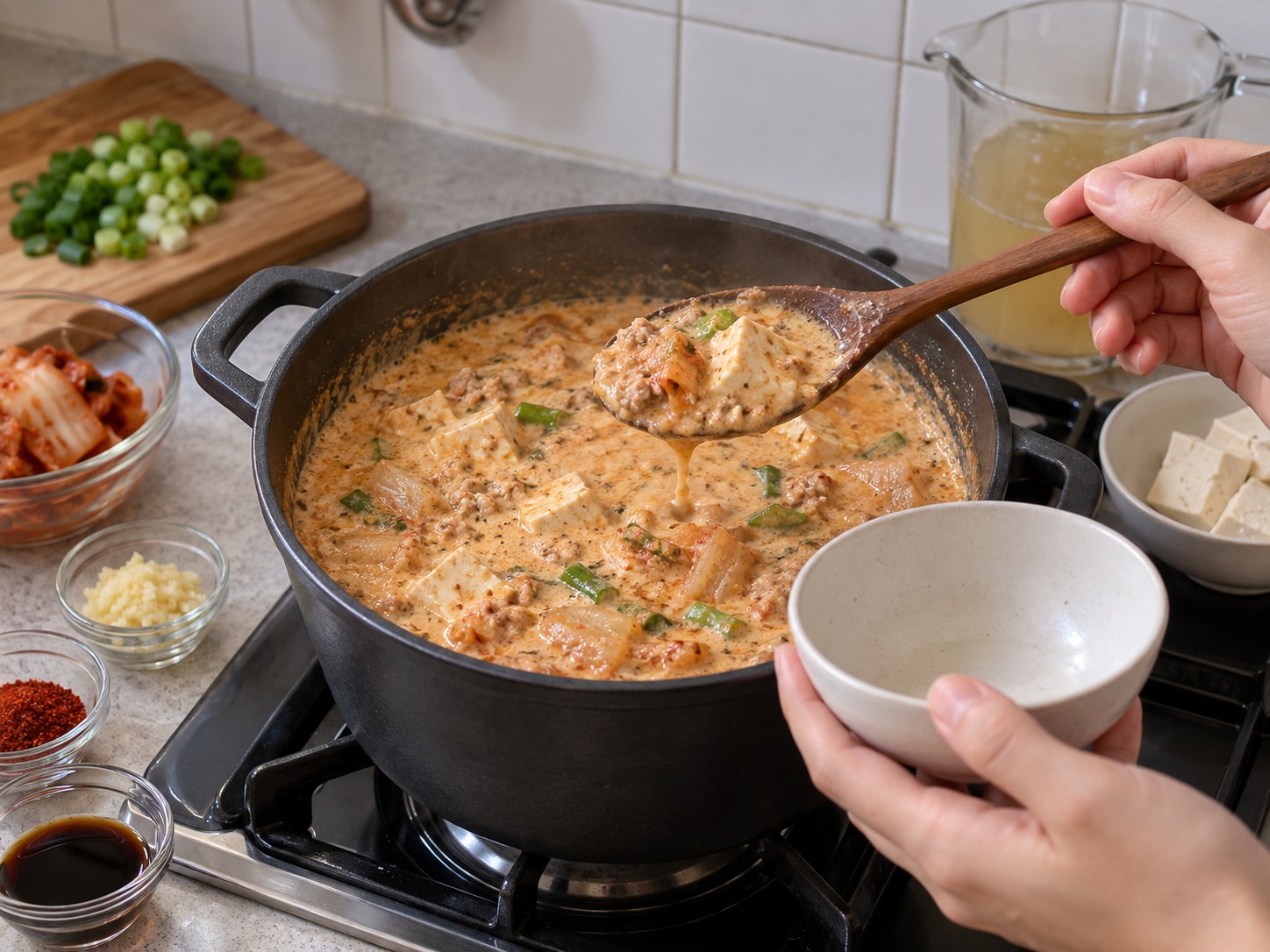 韓式豆渣豬肉鍋 — 試味；鍋身應厚滑但仍可舀起