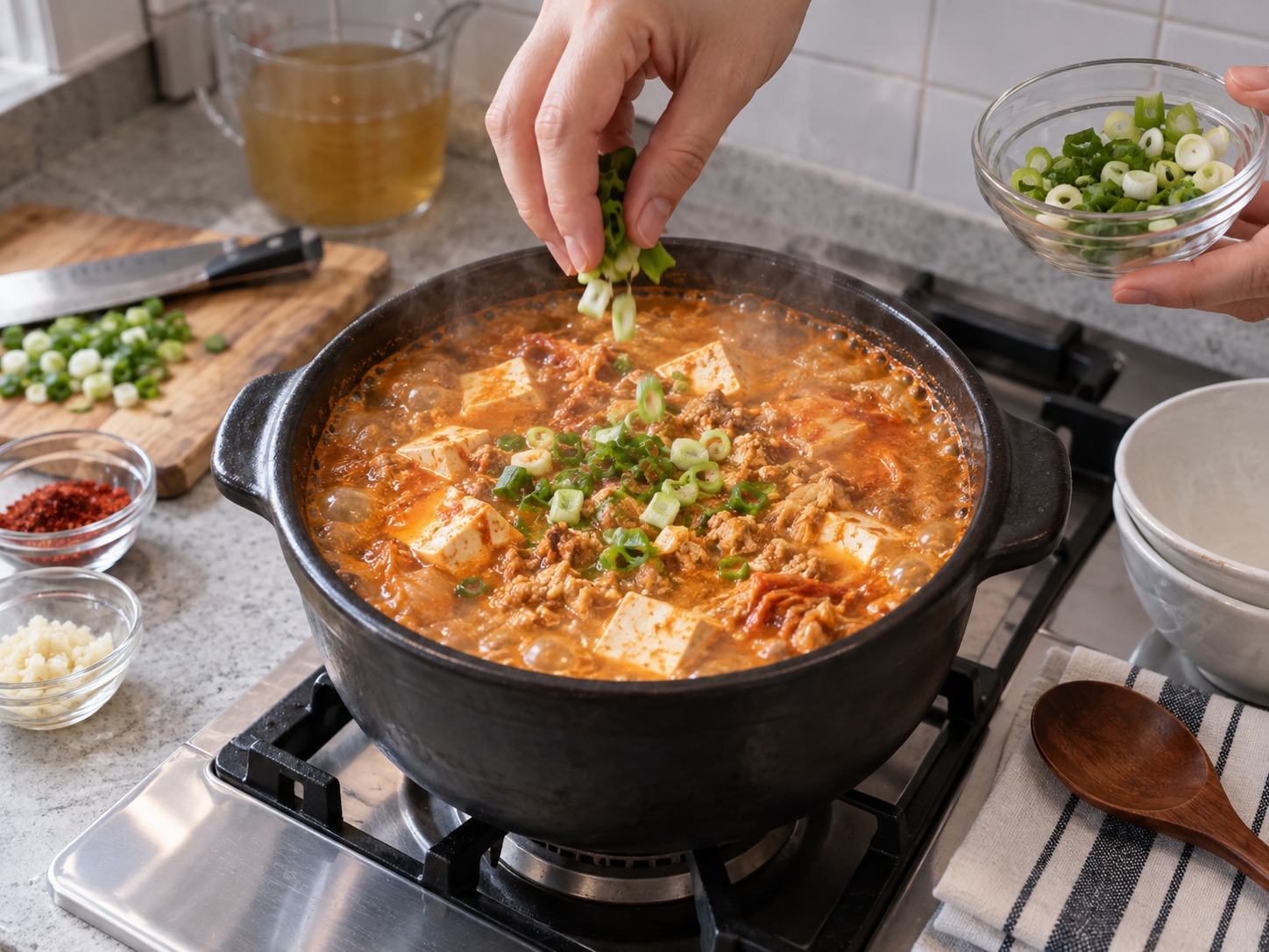 韓式豆渣豬肉鍋 — 撒青蔥，連鍋熱食