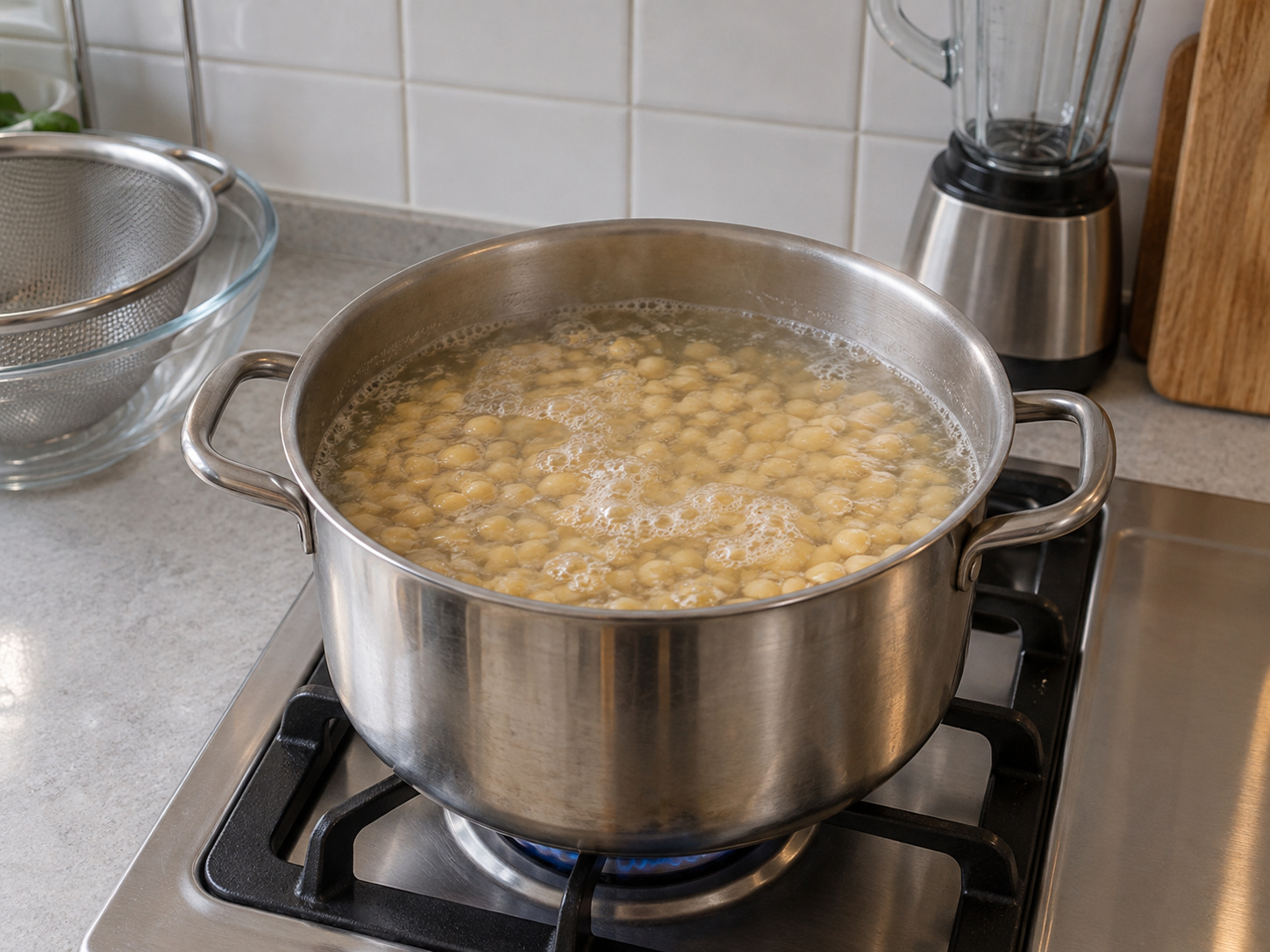 韓式豆漿冷麵 — 新水蓋過豆，煮滾後小火煮30分鐘