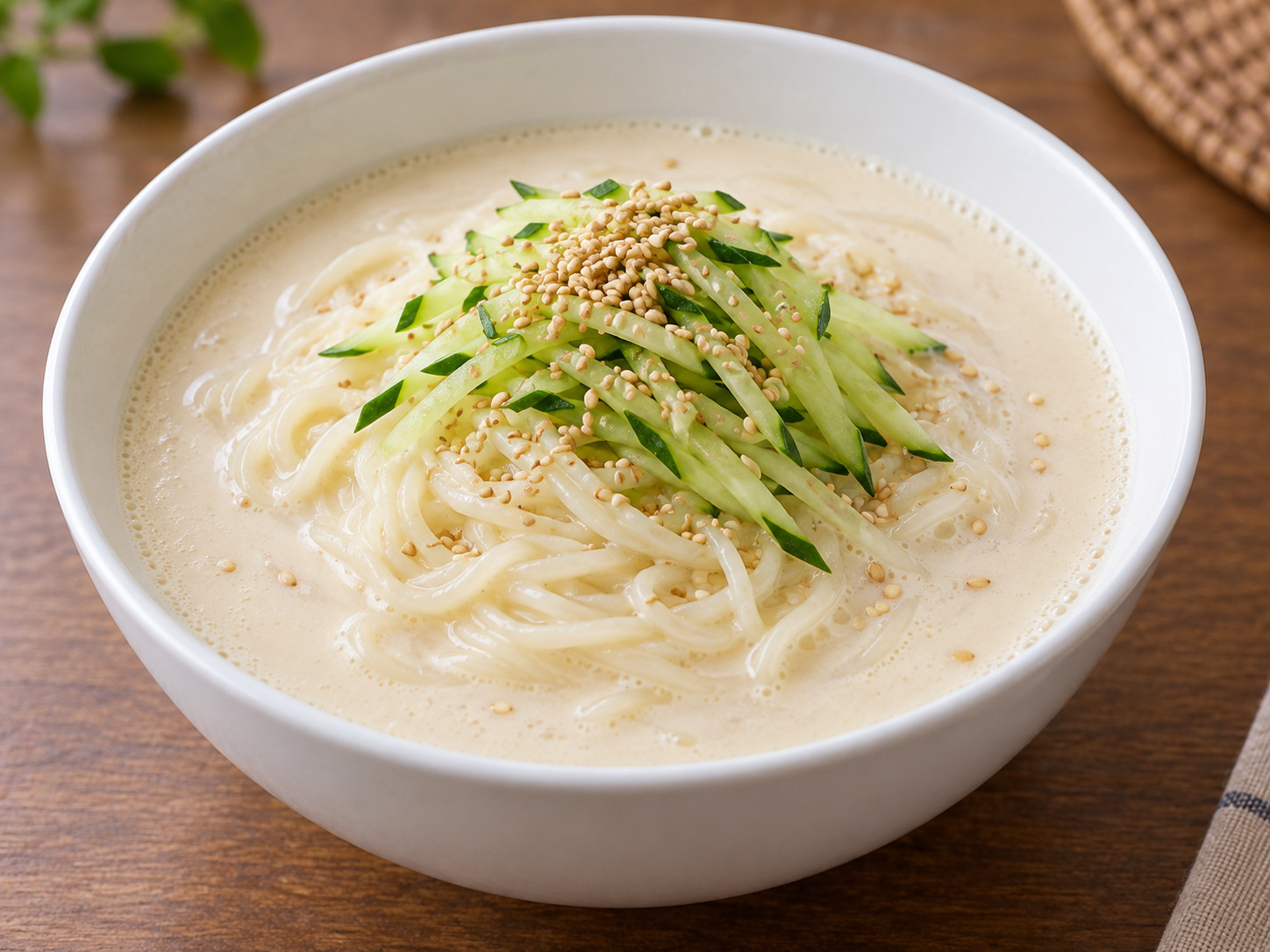 韓式豆漿冷麵 — 分碗加冰豆漿、青瓜與芝麻，即時食用
