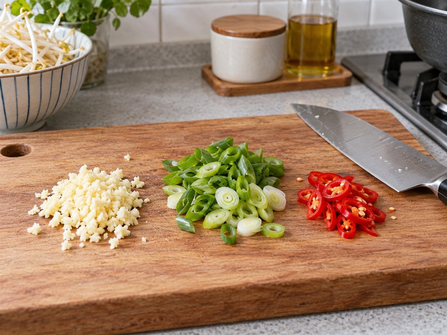 Korean Soybean Sprout Soup — Chop garlic and onions