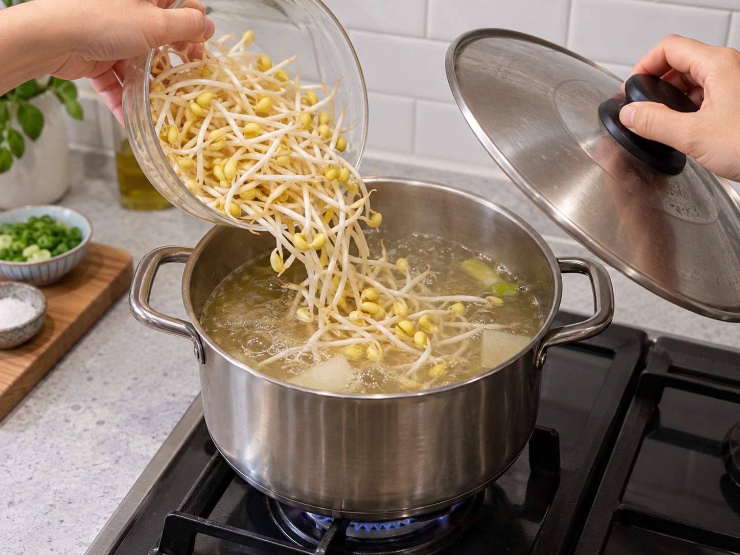Korean Soybean Sprout Soup — Add sprouts and cover