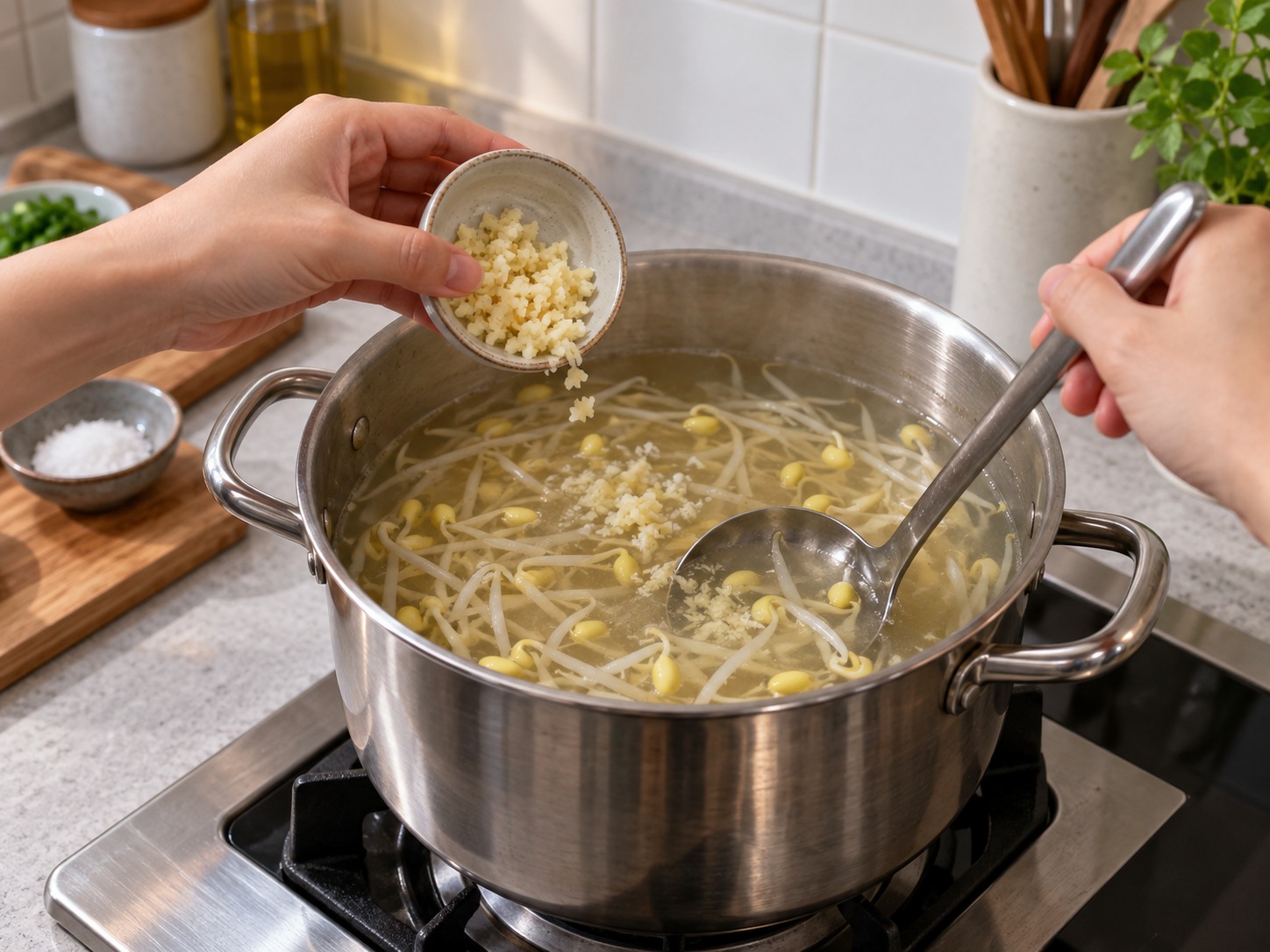 Korean Soybean Sprout Soup — Add garlic and seasoning
