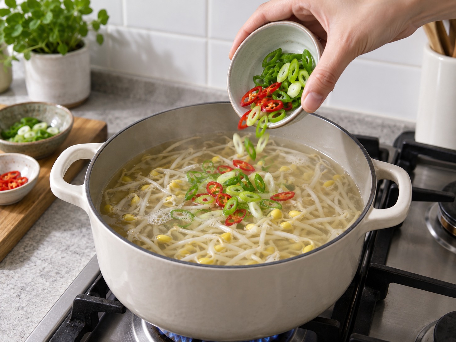 Korean Soybean Sprout Soup — Add spring onion and chilli
