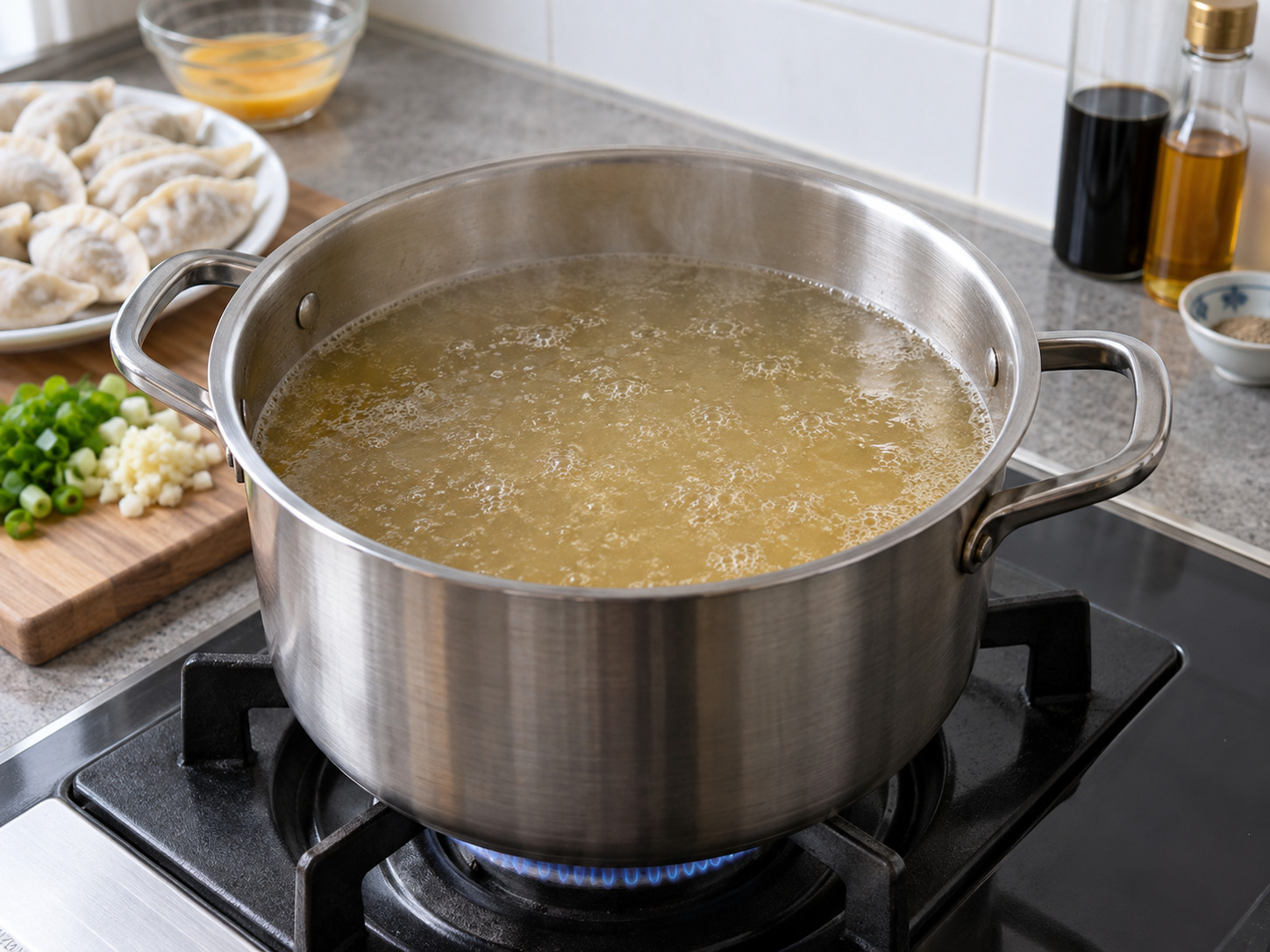韓式餃子湯 — 清雞湯倒入鍋中煮滾