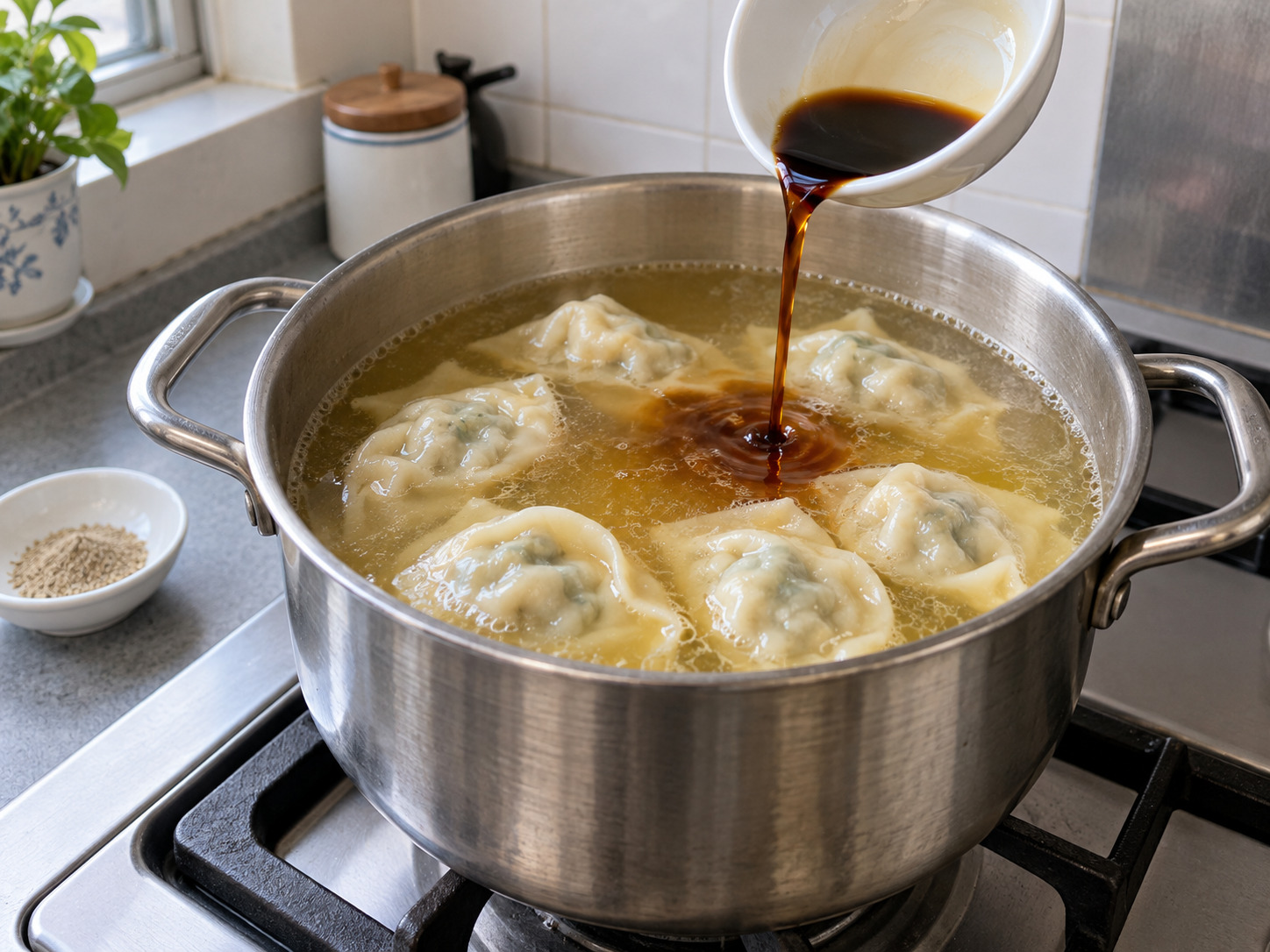 韓式餃子湯 — 加入豉油及白胡椒調湯