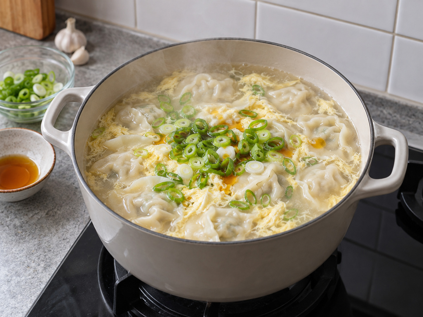 韓式餃子湯 — 撒青葱與麻油,熱湯上桌