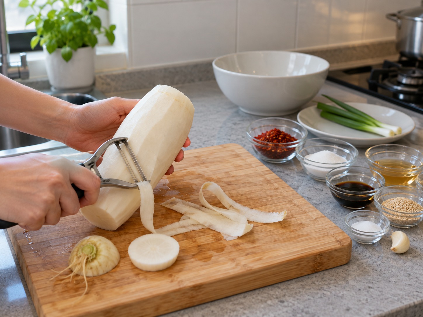 Korean Seasoned Radish Salad — Wash and peel daikon, then trim both ends
