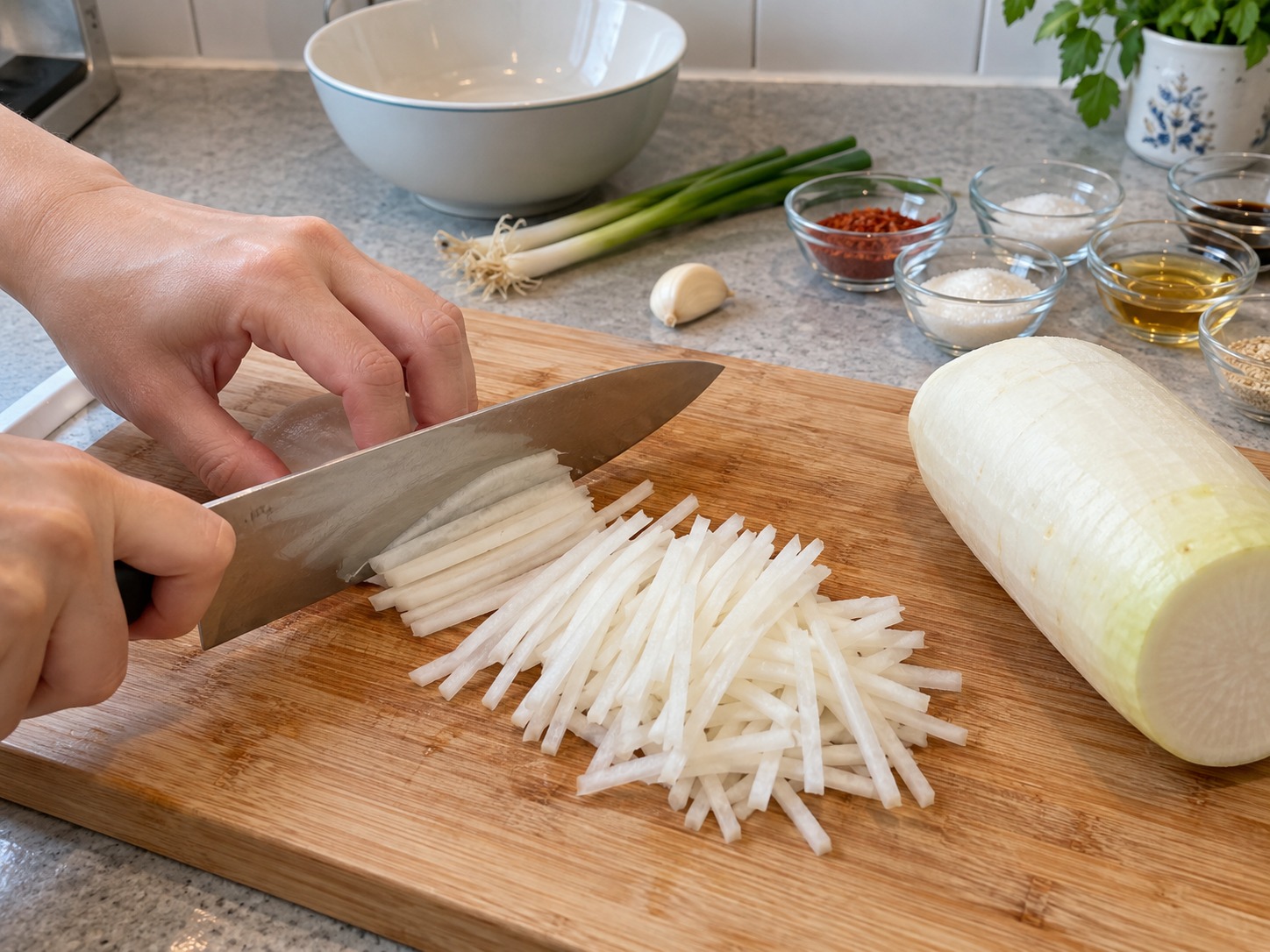 Korean Seasoned Radish Salad — Slice daikon thinly, then cut into strips about three millimetres wide