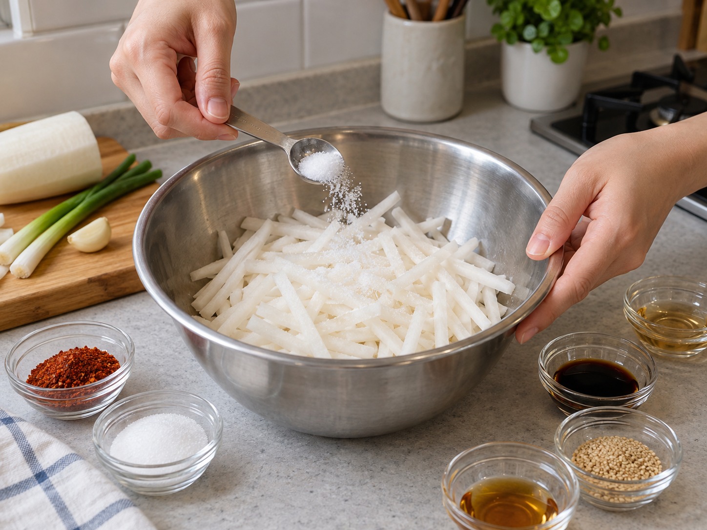 Korean Seasoned Radish Salad — Put strips in a bowl, sprinkle with one teaspoon salt and toss gently