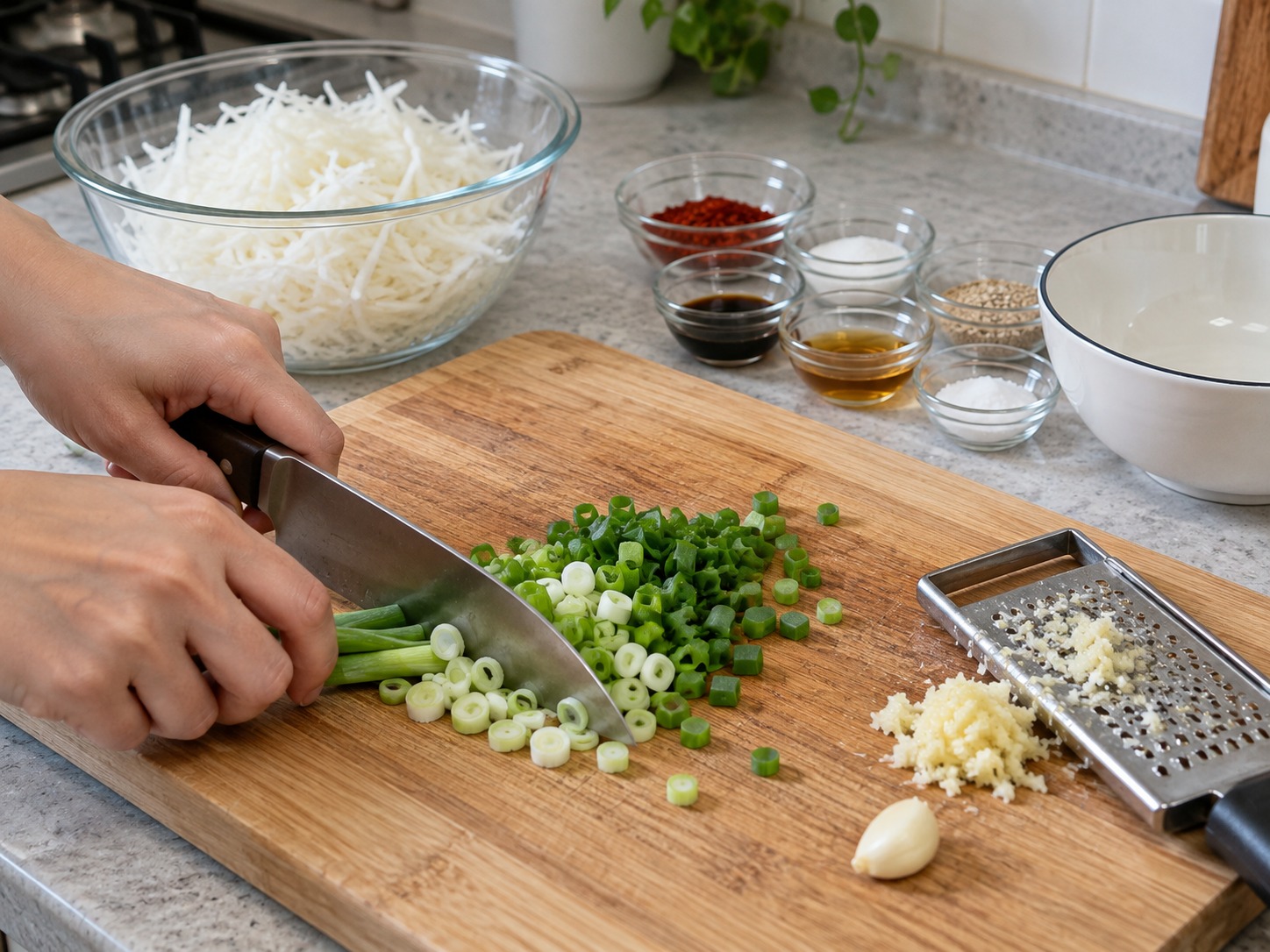 Korean Seasoned Radish Salad — Meanwhile chop spring onions and grate garlic