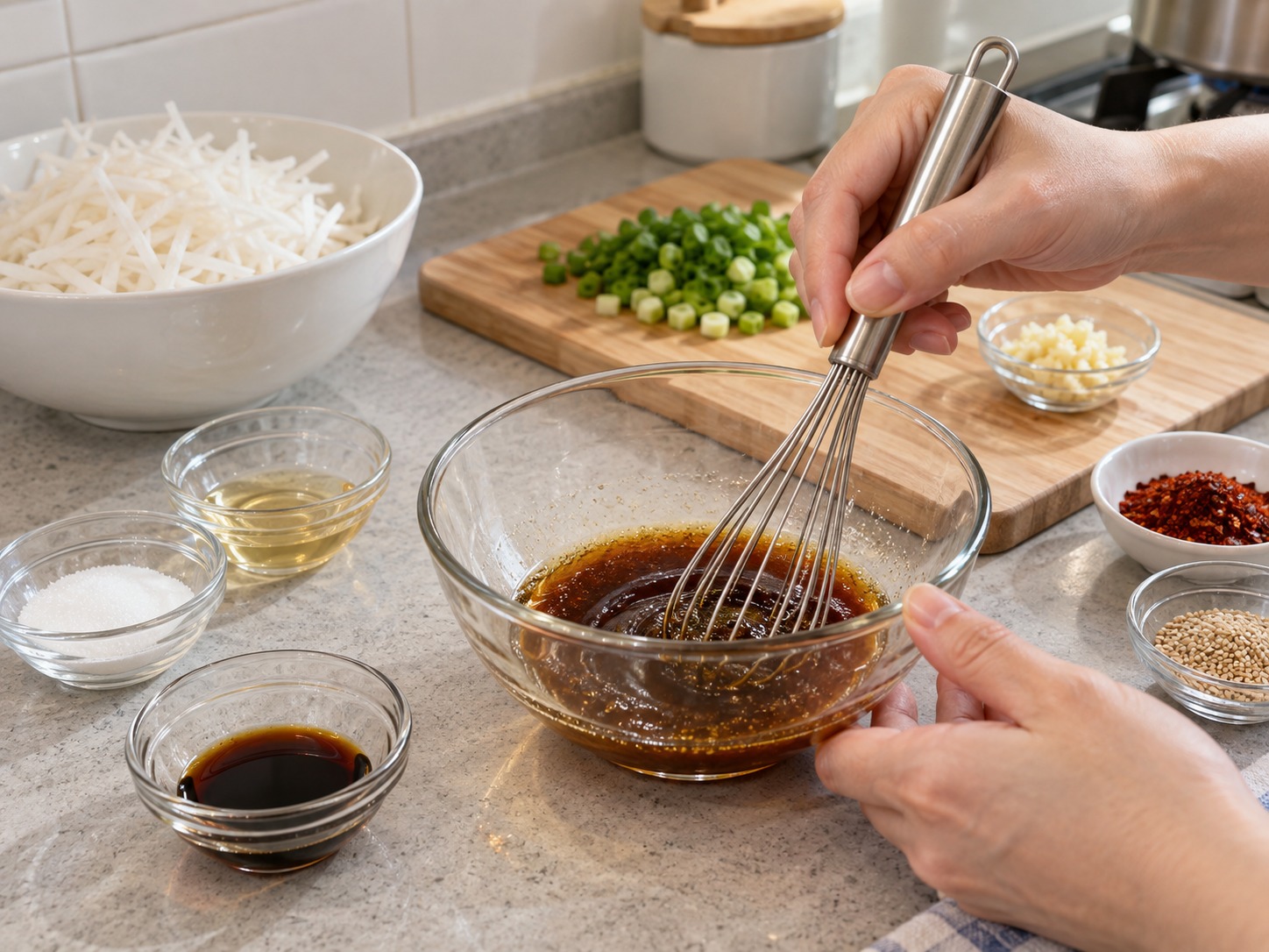 Korean Seasoned Radish Salad — Mix rice vinegar, sugar, soy sauce and sesame oil until sugar dissolves