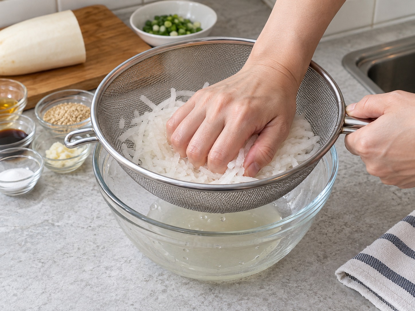 Korean Seasoned Radish Salad — Tip daikon into a sieve and press gently to remove excess liquid