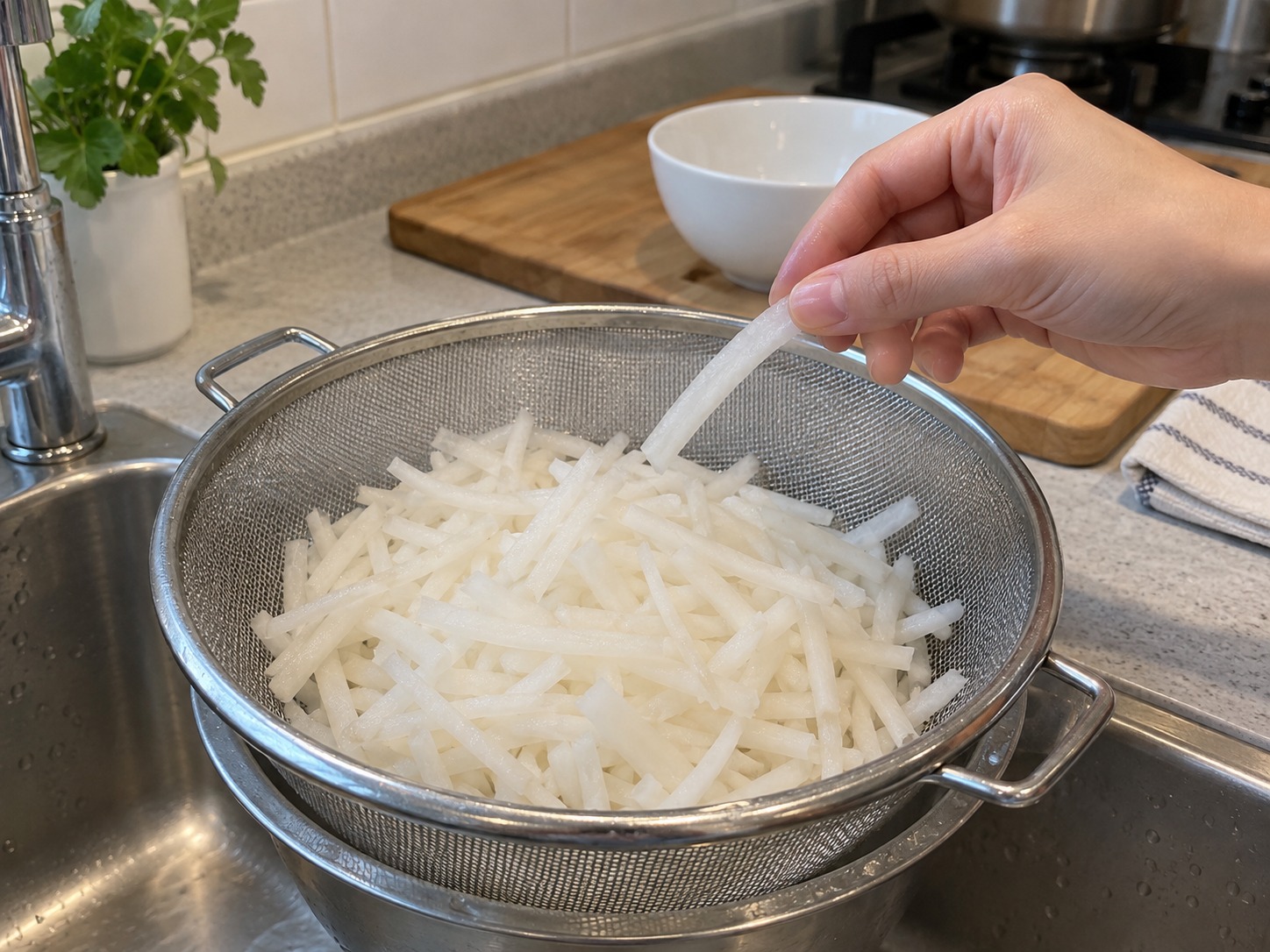 Korean Seasoned Radish Salad — Taste one strip; if too salty, rinse briefly with cooled boiled water and drain