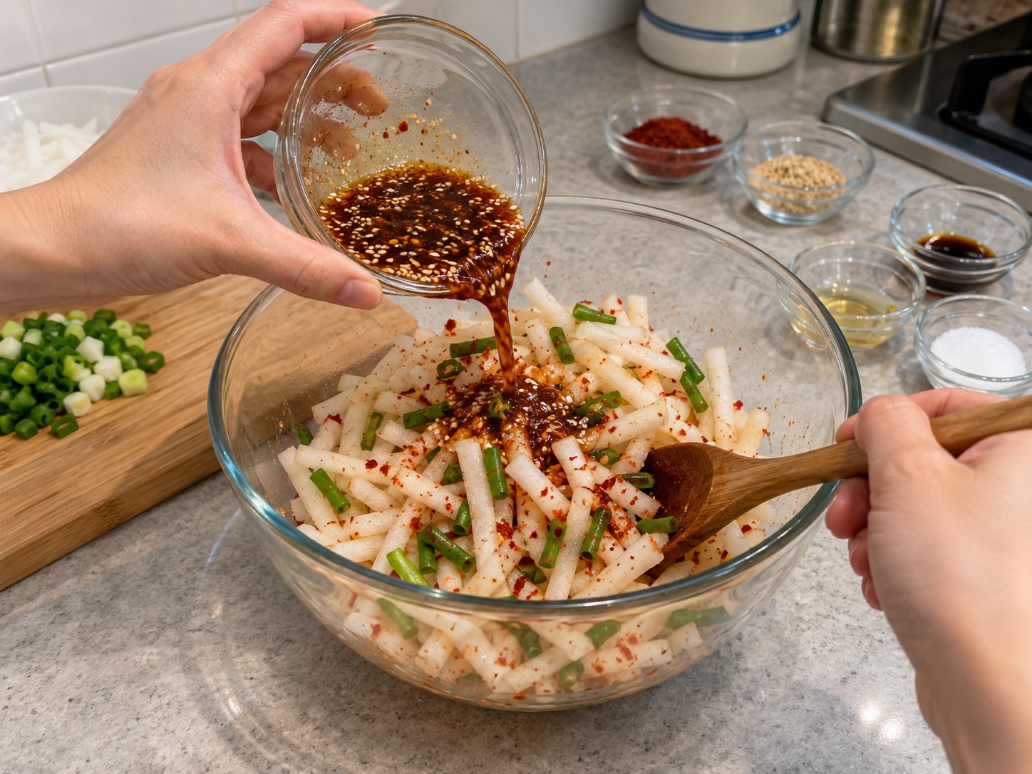 Korean Seasoned Radish Salad — Pour in the dressing and toss thoroughly with a clean spoon until evenly coated