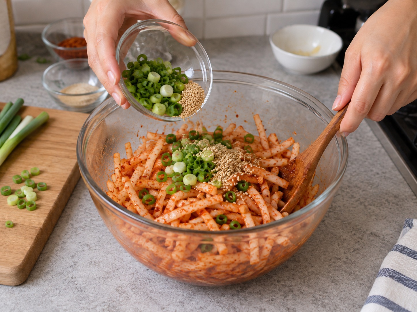 Korean Seasoned Radish Salad — Fold in spring onions and sesame seeds, then taste