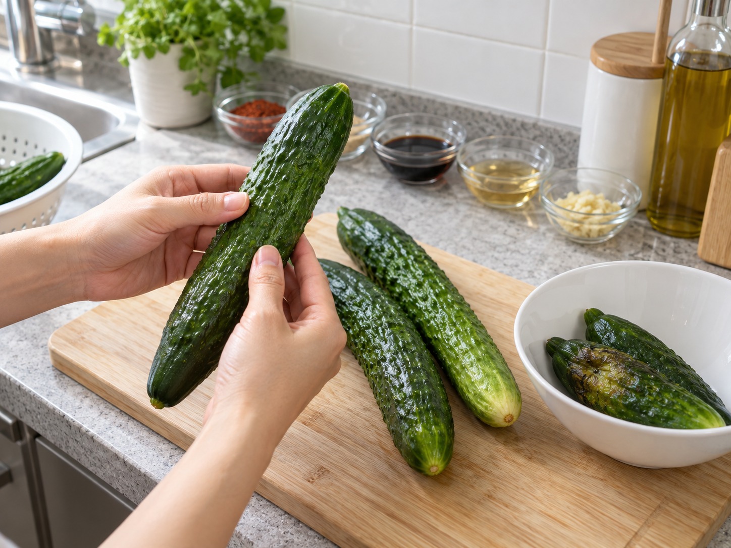Salad Mentimun Pedas Korea — Dinginkan dan periksa mentimun
