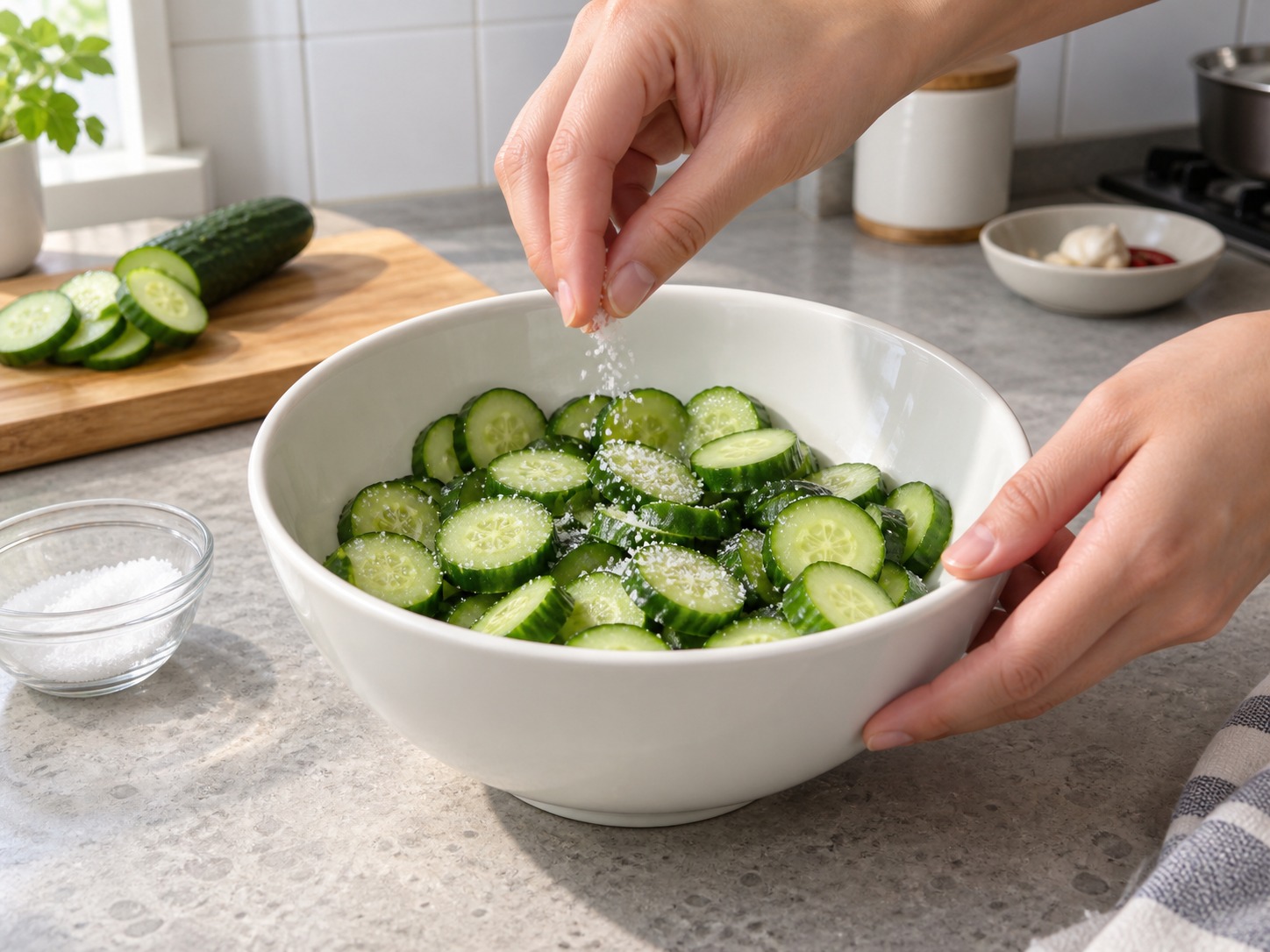 Salad Mentimun Pedas Korea — Aduk dengan garam
