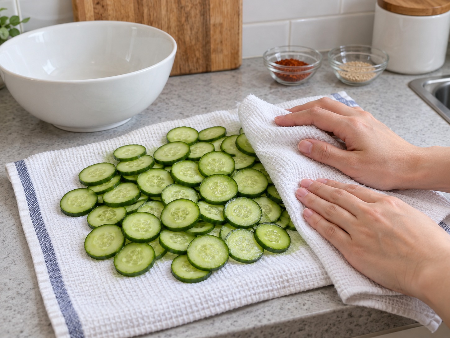 Salad Mentimun Pedas Korea — Tiriskan dan keringkan
