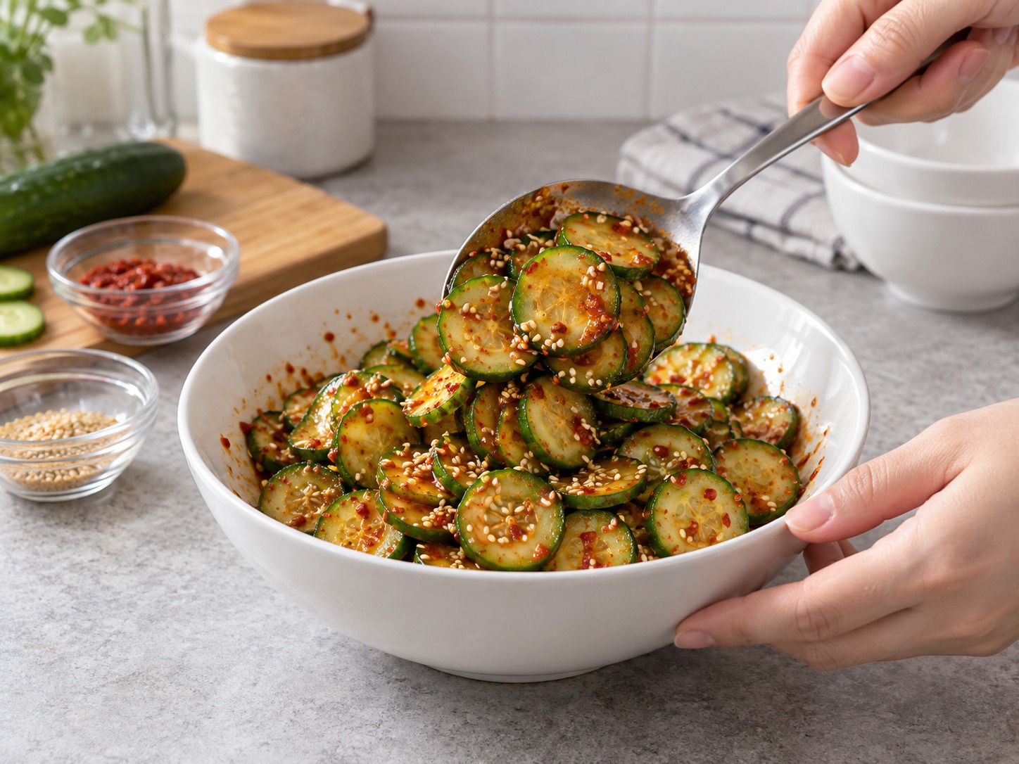 Salad Mentimun Pedas Korea — Tambahkan wijen dan sajikan