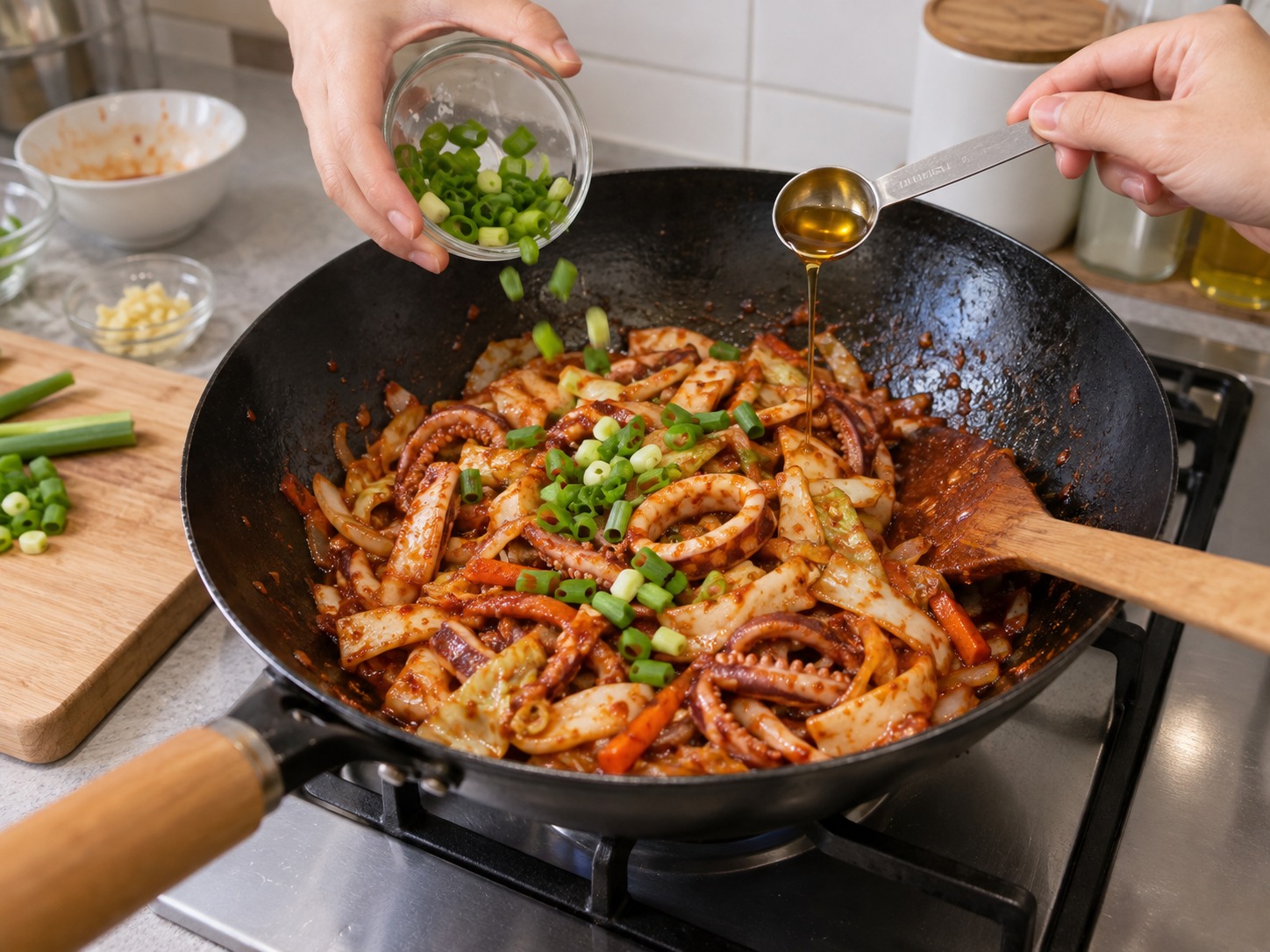 韓式辣炒魷魚 — 撒上青蔥，關火拌入剩餘芝麻油