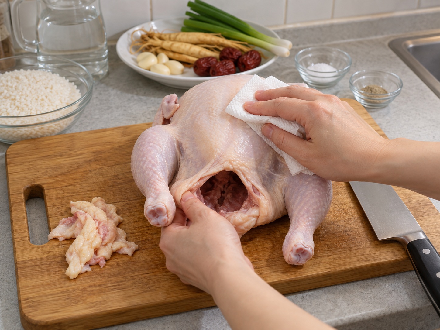Korean Samgyetang — Pat dry and inspect chicken