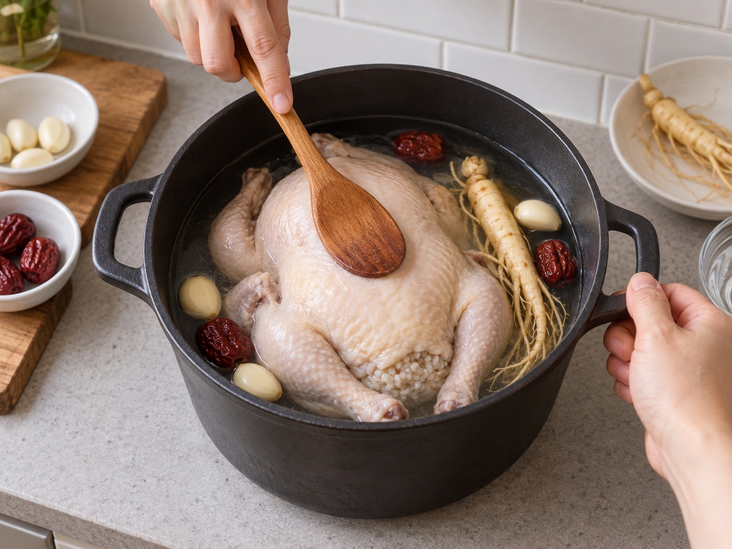Korean Samgyetang — Add young whole chicken, 1
