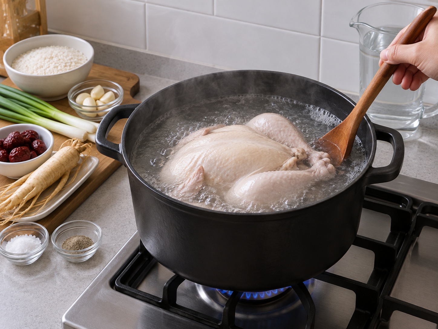 Korean Samgyetang — Bring to a boil young whole chicken, 1